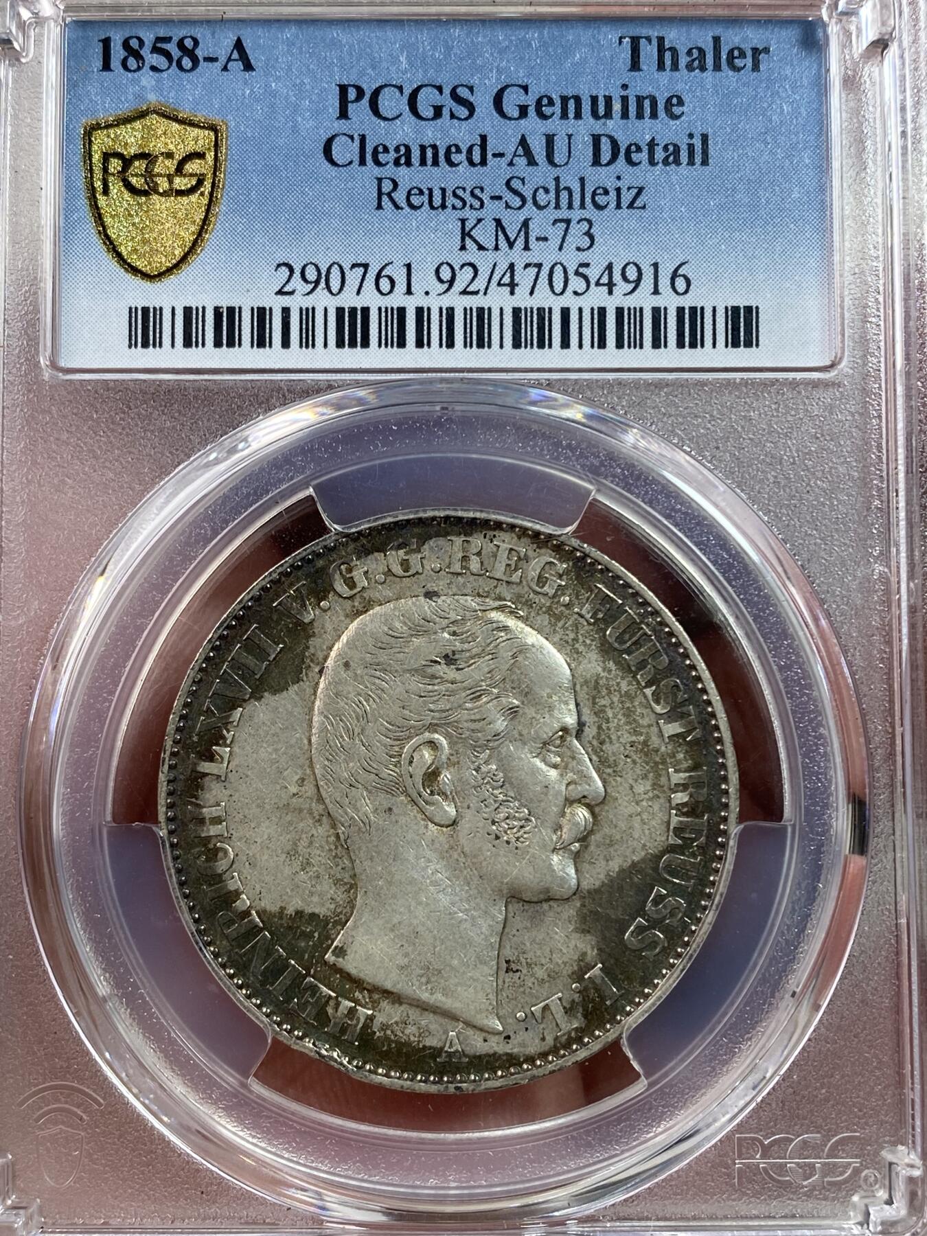 万国钱币拍卖第028期（花前月下●同享良章美币） PCGS AUD 1858年德国罗伊斯-施莱茨双狮盾徽流通1泰勒 欧洲老包浆有老洗