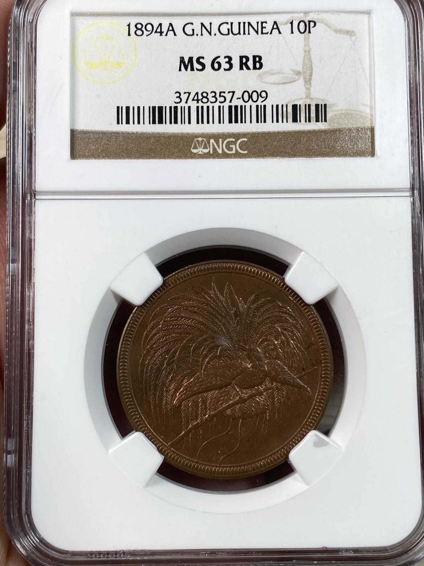 万国钱币拍卖第028期（花前月下●同享良章美币） NGC MS63 1894年德属新几内亚天堂鸟10芬尼铜币 德属之最天堂鸟 工艺繁复 铜光爆炸 难得RB状态 银币已经起飞的系列