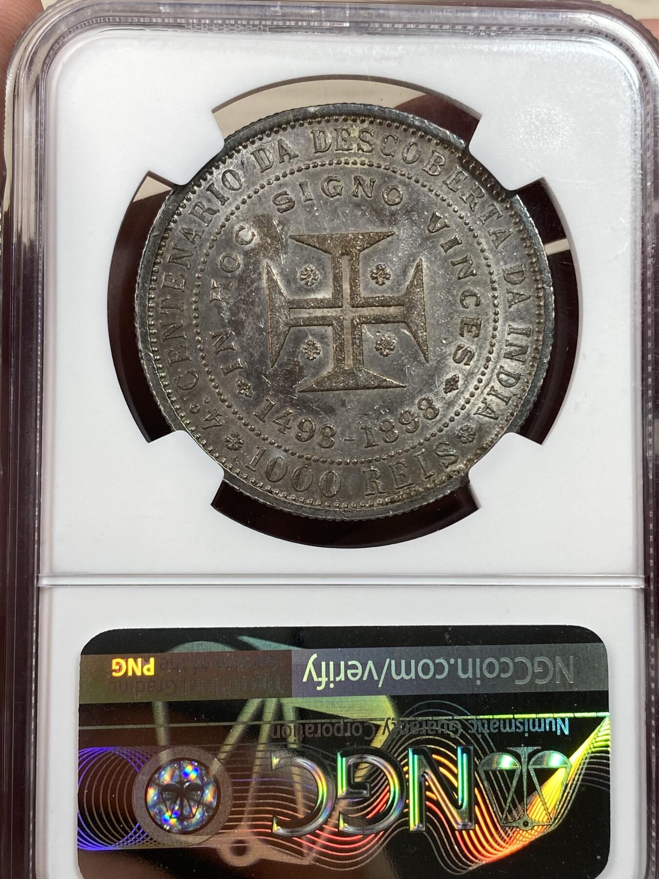 万国钱币拍卖第028期（花前月下●同享良章美币） NGC AU58 1898年葡萄牙卡洛斯一世流通纪念发现印度1000瑞尔 酱彩原味状态