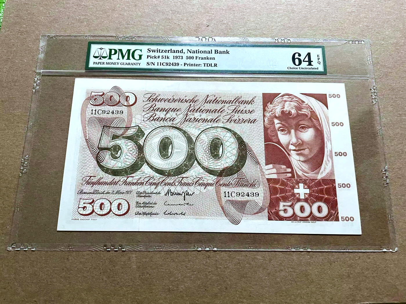 【Blue Auction】✨世界纸币精拍第500期盛典——白金之夜🔥🔥🔥 S-瑞士 1973年500法郎 经典青春泉 超大票幅 PMG64EPQ 精美