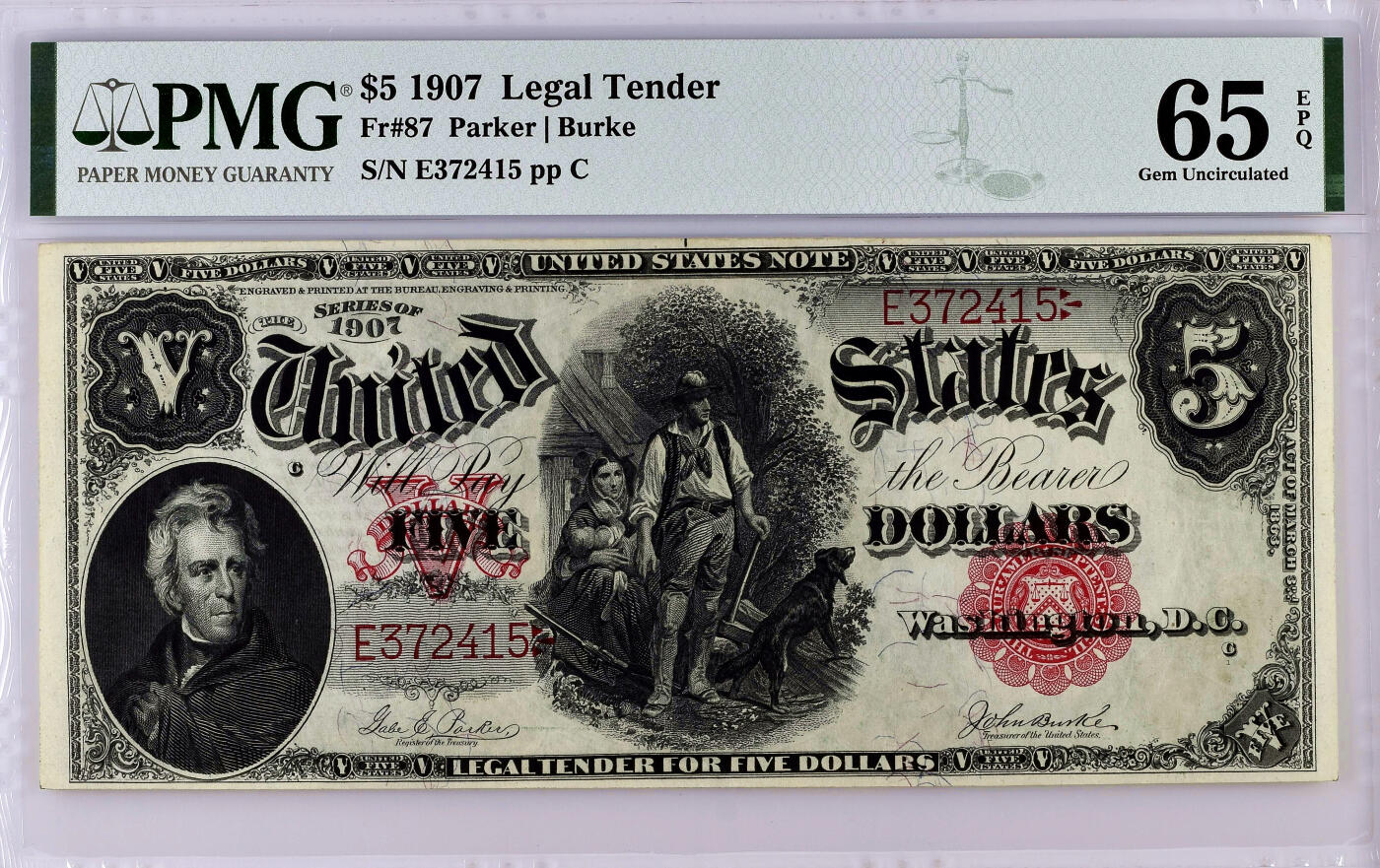 【Blue Auction】✨世界纸币精拍第500期盛典——白金之夜🔥🔥🔥  U-美国 1907年5美金 经典伐木工 PMG65EPQ 大票幅 设计精美 