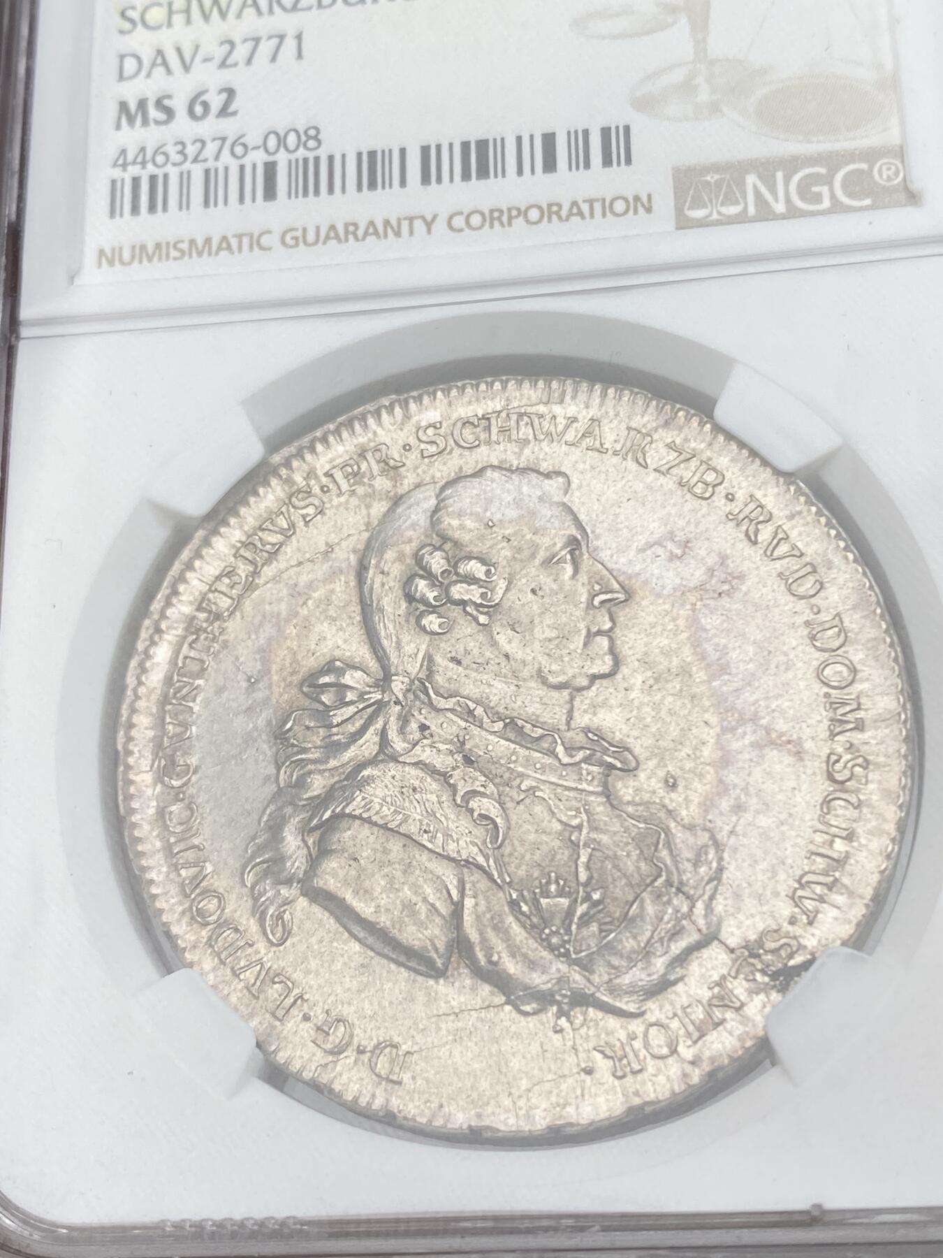 万国钱币拍卖第028期（花前月下●同享良章美币） NGC MS62 1786年德国施瓦茨堡-鲁多尔施塔特野人皇冠大泰勒 爆炸品种 MS极其难得 细节有多棒可通过野人及邦徽等精细部位一窥一二