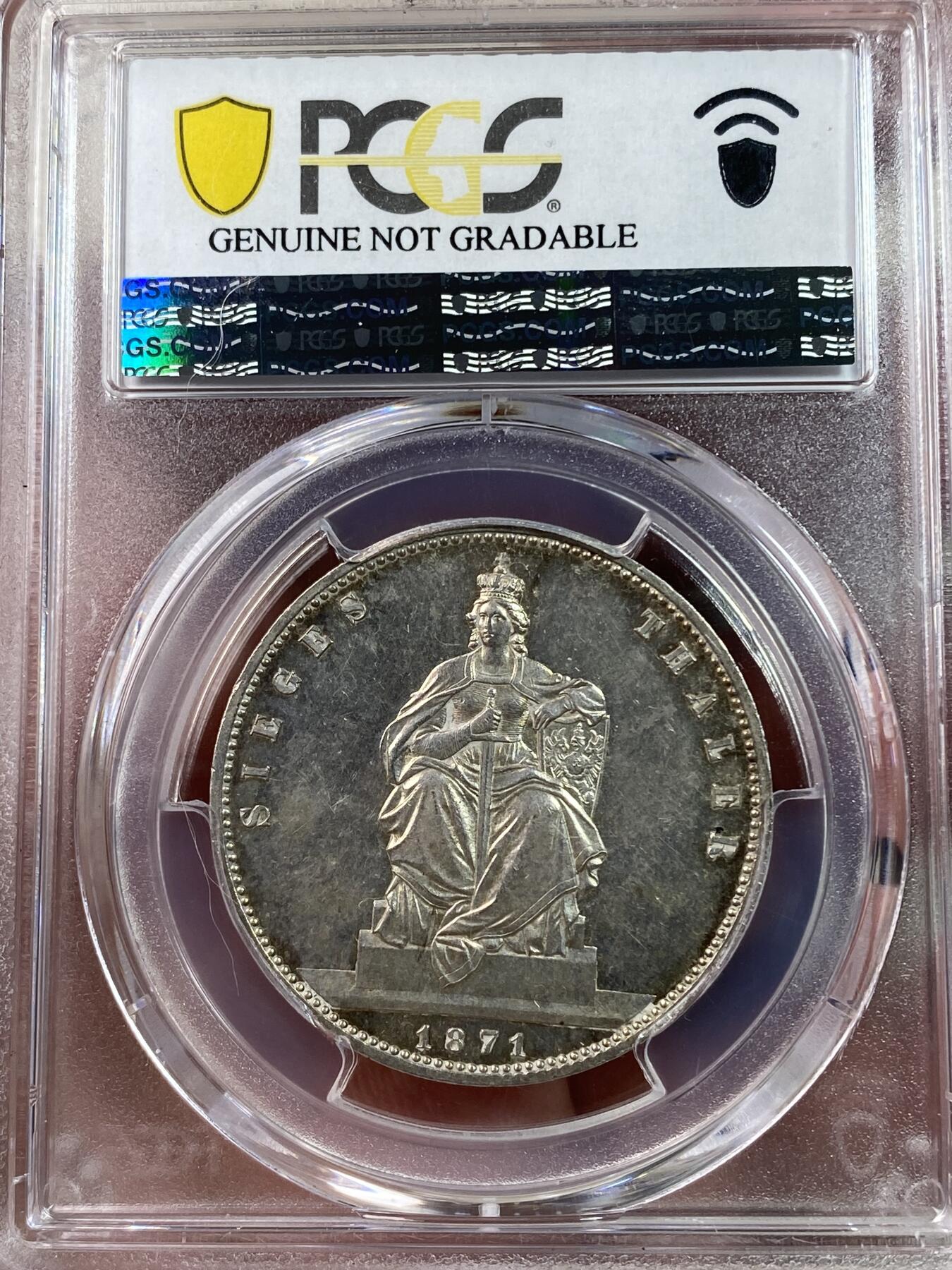 万国钱币拍卖第028期（花前月下●同享良章美币） PCGS UNCD 1871年德国普鲁士普法战争胜利1泰勒 高点表现不错 有清洗痕迹 整体呈镜面状态