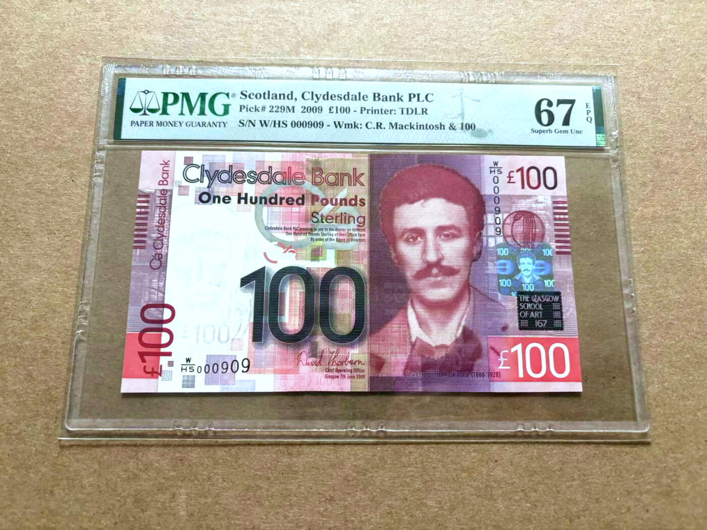 【Blue Auction】✨世界纸币精拍第500期盛典——白金之夜🔥🔥🔥 S-【909小号 倒置号 W/HS首发冠】苏格兰 2009年100镑 PMG67EPQ 高分 