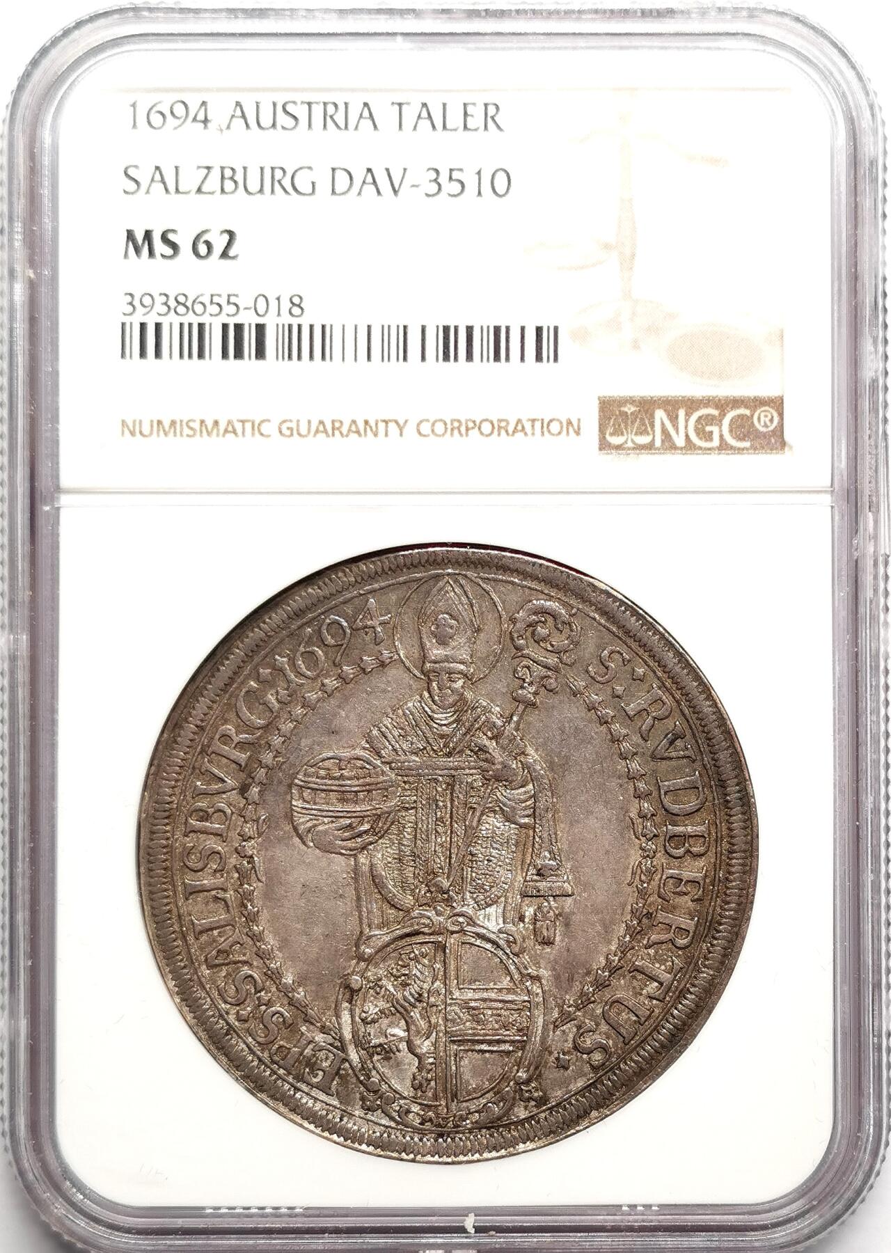凡希社世界钱币微拍第二百七十五期 荐！1694萨尔茨堡约翰恩斯特主教泰勒NGC-MS62，传世灰彩，实物极赞的一枚！