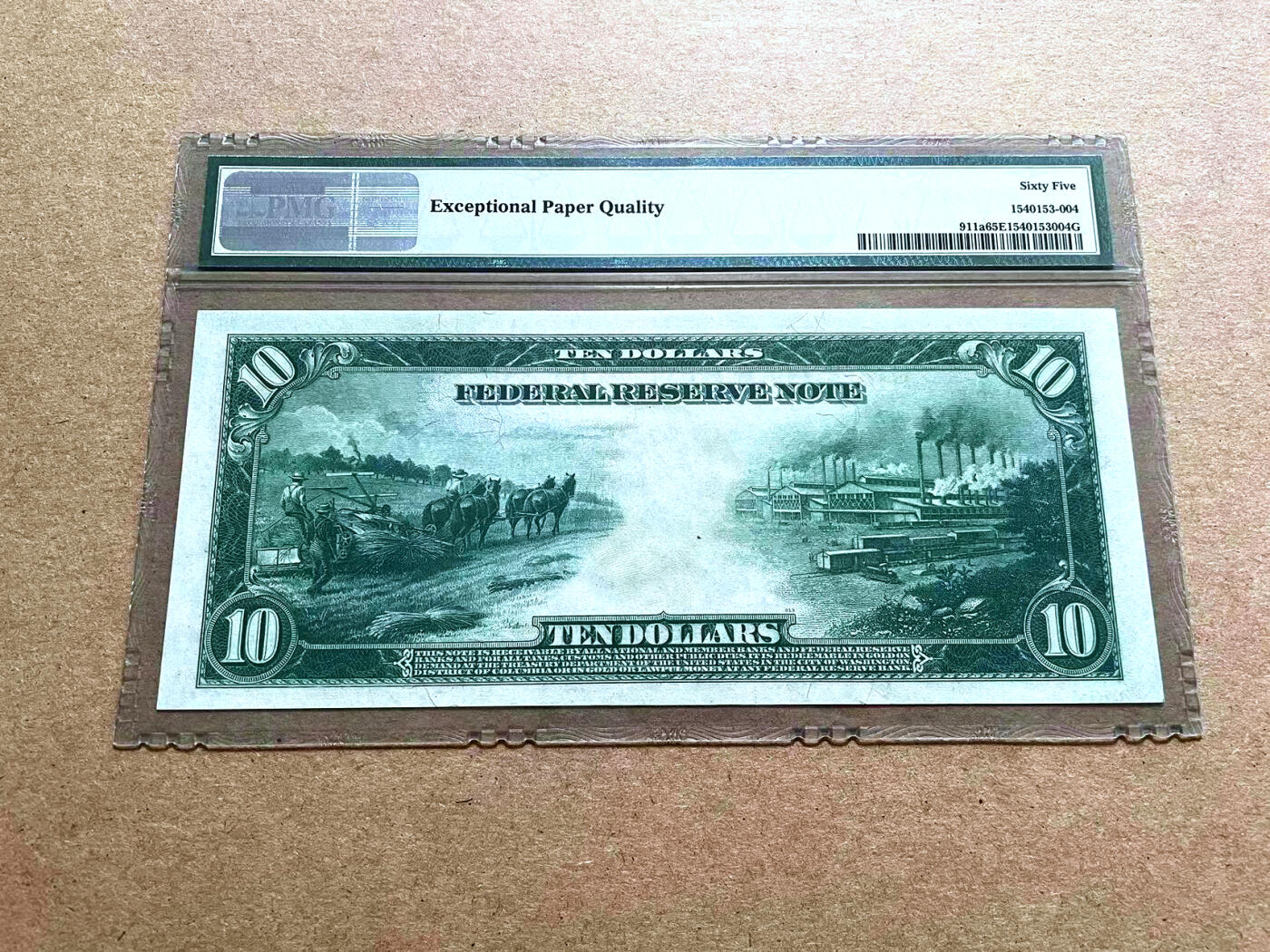 【Blue Auction】✨世界纸币精拍第500期盛典——白金之夜🔥🔥🔥  U-【88尾无47】美国 1914年10美金 大票幅 纽约版 正面杰克逊 背面工业与农业 大场景 雕刻精美 PMG65EPQ 老壳