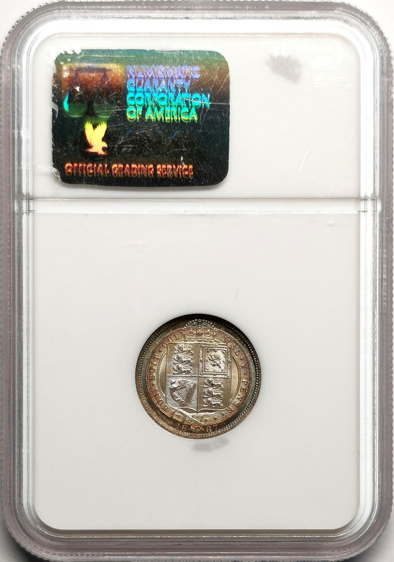 凡希社世界钱币微拍第二百七十五期 1887英国老维高冠6便士NGC-MS65，环彩绝美，N老盒严评！