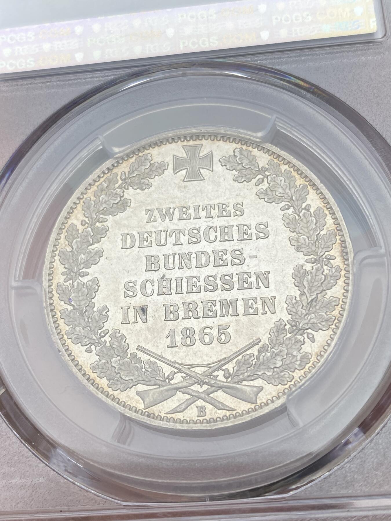 万国钱币拍卖第028期（花前月下●同享良章美币） PCGS MS65PL 1865年德国不莱梅射击节纪念流通1泰勒 极致的工艺品质 完全的镜面表现 实属尤物