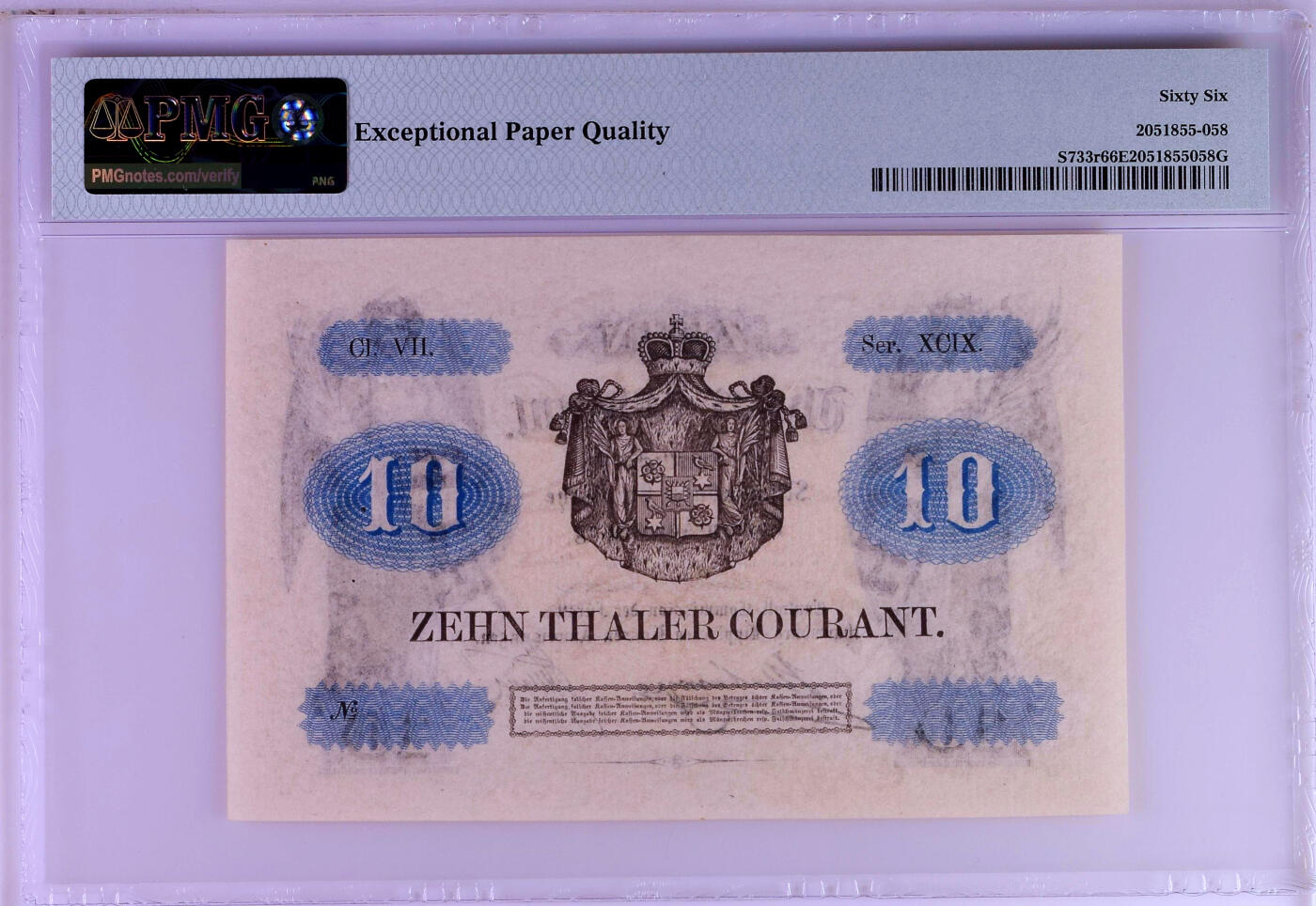 【Blue Auction】✨世界纸币精拍第500期盛典——白金之夜🔥🔥🔥 G-【冠军分 仅2张】德国 绍姆堡-利珀 1857年10泰勒 PMG66EPQ 大天使雕刻精美 少见好品 该国是德意志第二帝国中第二小的帝国诸侯