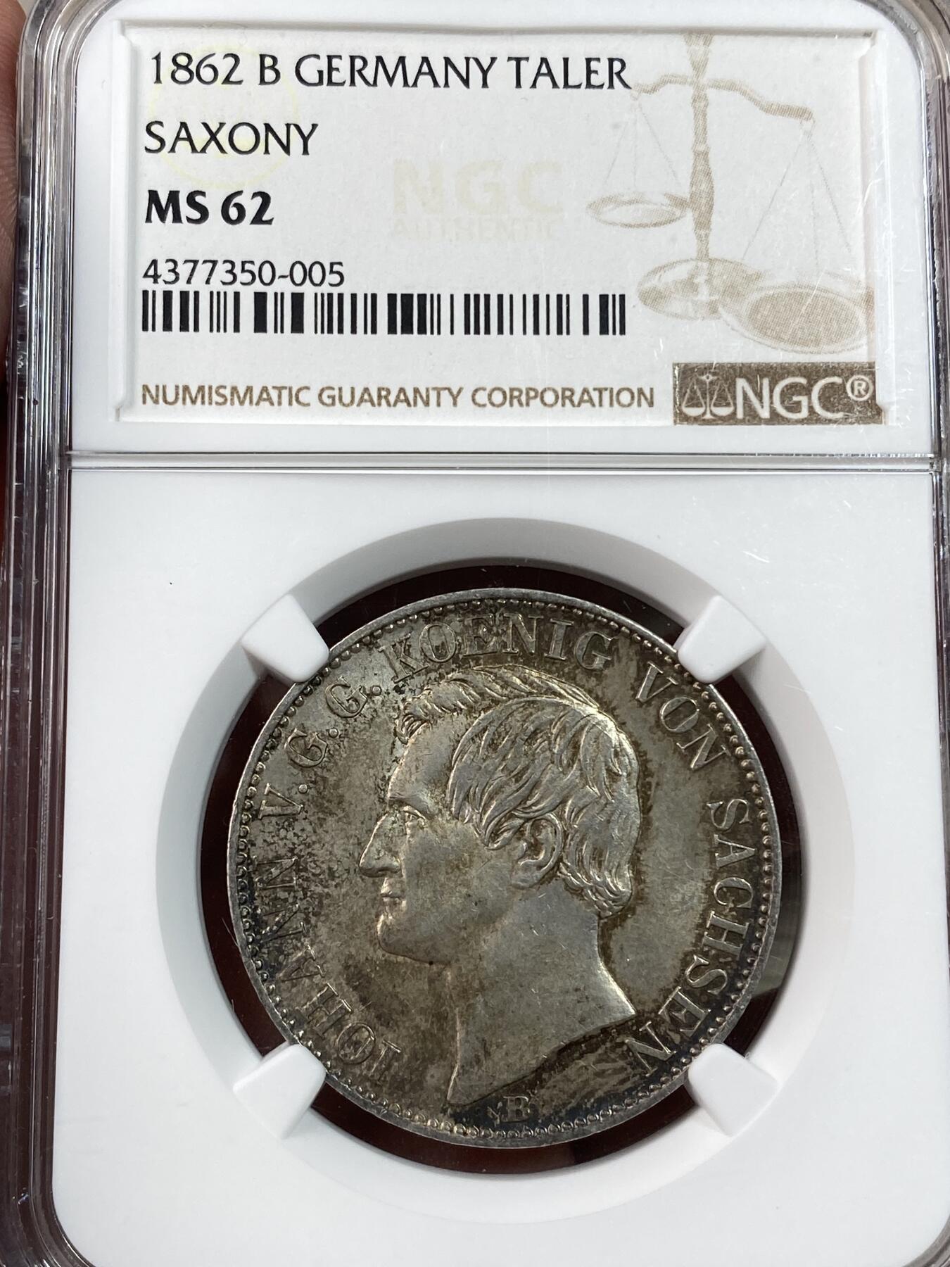 万国钱币拍卖第028期（花前月下●同享良章美币） NGC MS62 1862年德国萨克森矿业祈祷流通1泰勒 典型的欧洲五彩包浆 越来越难寻好品的品种