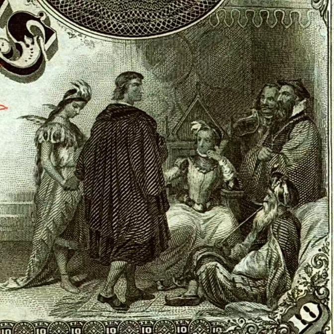 【Blue Auction】✨世界纸币精拍第500期盛典——白金之夜🔥🔥🔥 U-美国 1880年10美金 正面人物为三次担任美国国务卿的丹尼尔·韦伯斯特 右侧描绘了介绍印度公主的场景 PMG64EPQ 全新原票 大票幅  