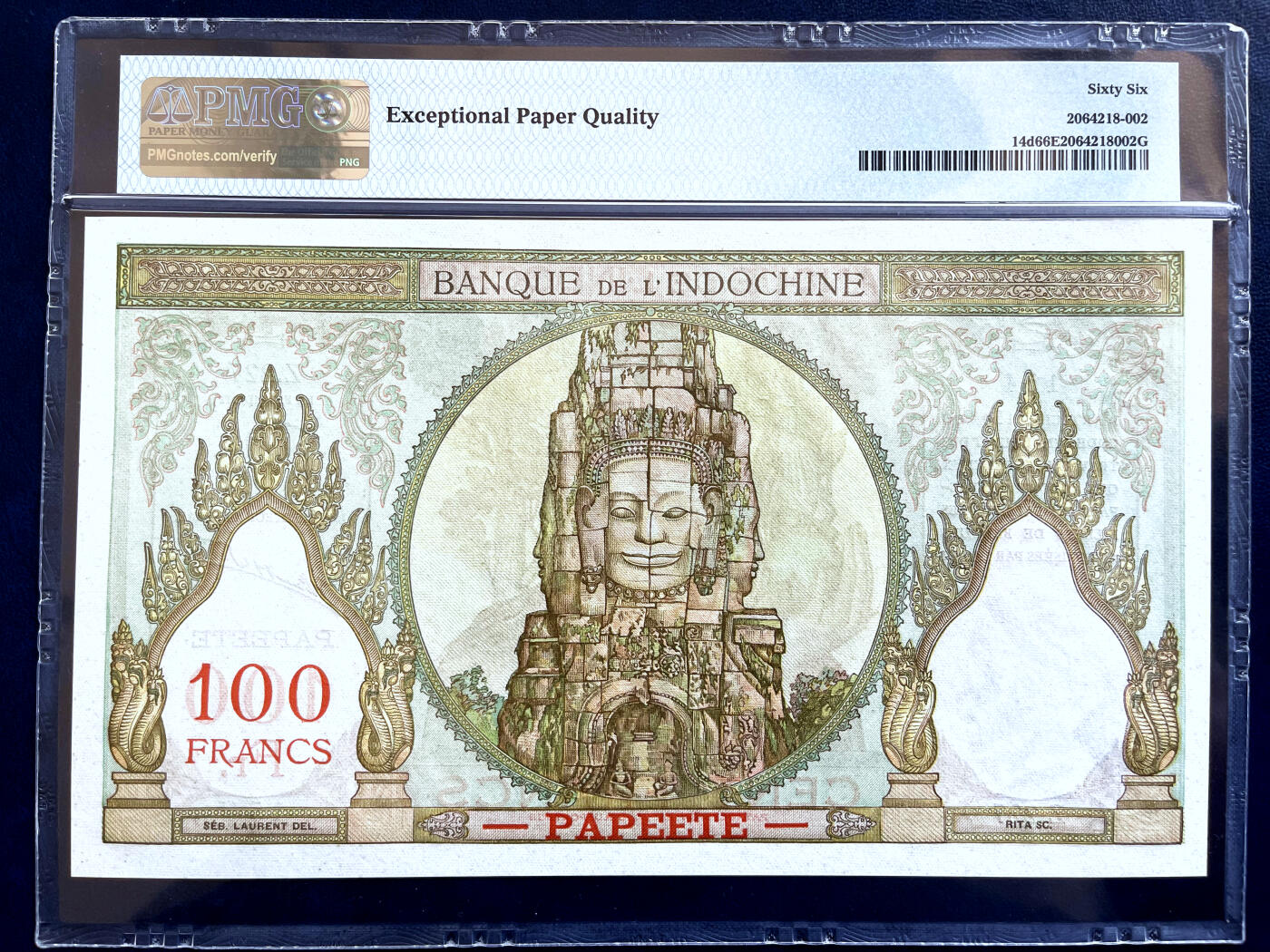 【Blue Auction】✨世界纸币精拍第500期盛典——白金之夜🔥🔥🔥  T-【唯一冠军分】塔希提 1963-65年100法郎 PMG66EPQ 超大票幅 正面女神刻画的神态安详唯美 背面系深知人间疾苦的四面佛 非常精美 一步到位的收藏级