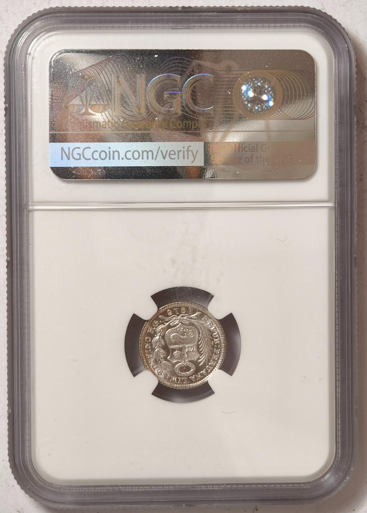 紫瑗钱币——第464期 秘鲁 1916/5 FG 坐人 1/2索尔 银币 NGC MS65