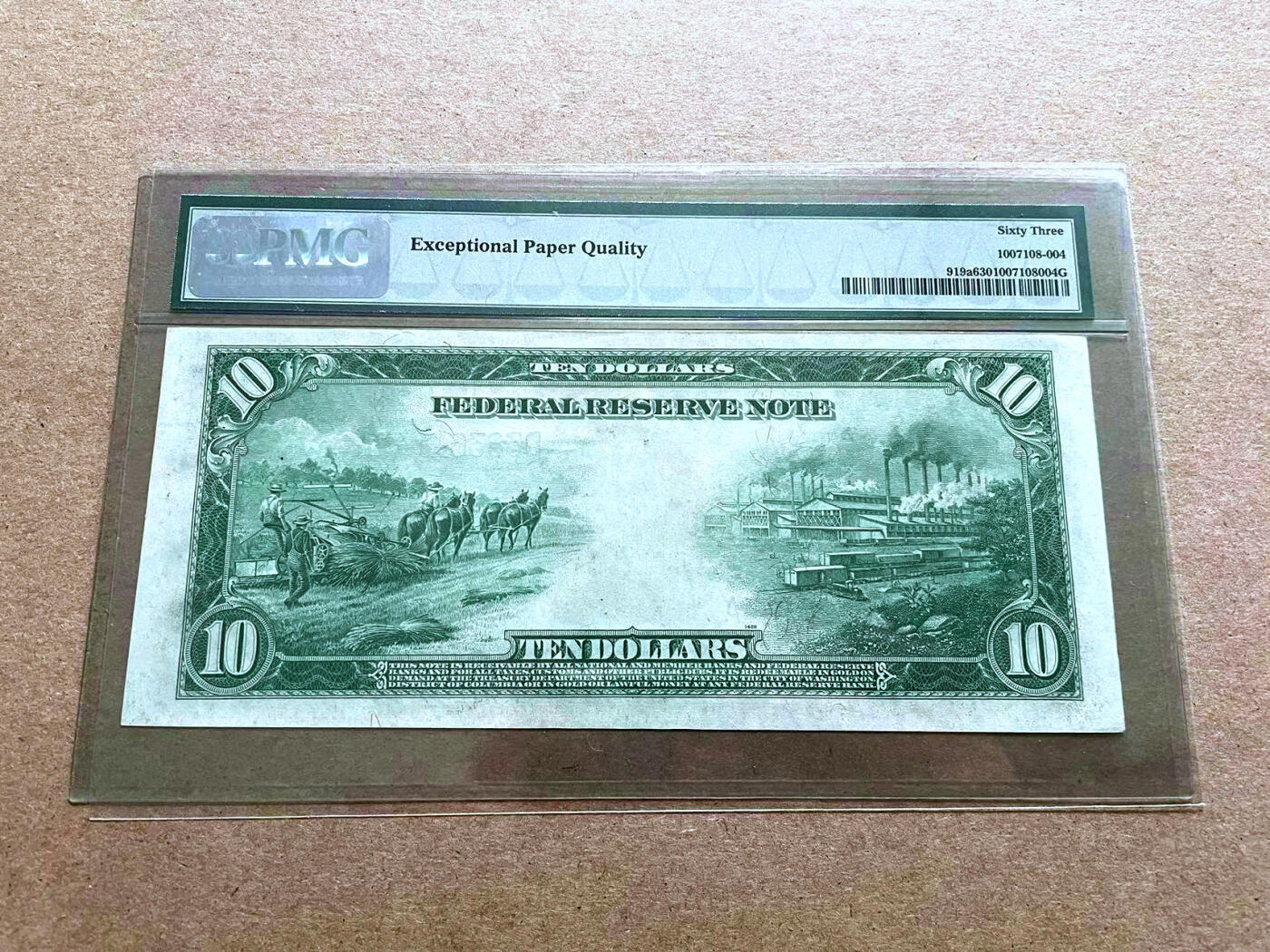 【Blue Auction】✨世界纸币精拍第500期盛典——白金之夜🔥🔥🔥 U-美国 1914年10美金 大票幅 克利夫兰版 正面杰克逊 背面工业与农业 大场景 雕刻精美 PMG63EPQ 最老的壳子EPQ在背面 全新原票  