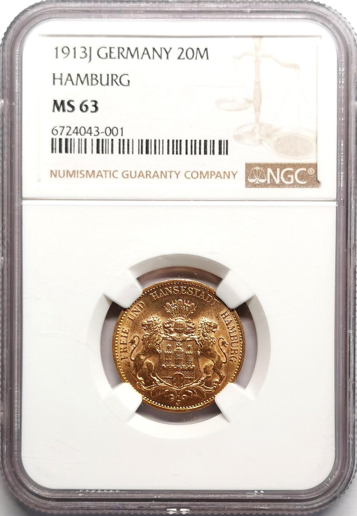 凡希社世界钱币微拍第二百七十五期 1913J德国汉堡20马克金币NGC-MS63，7.965g，900金。