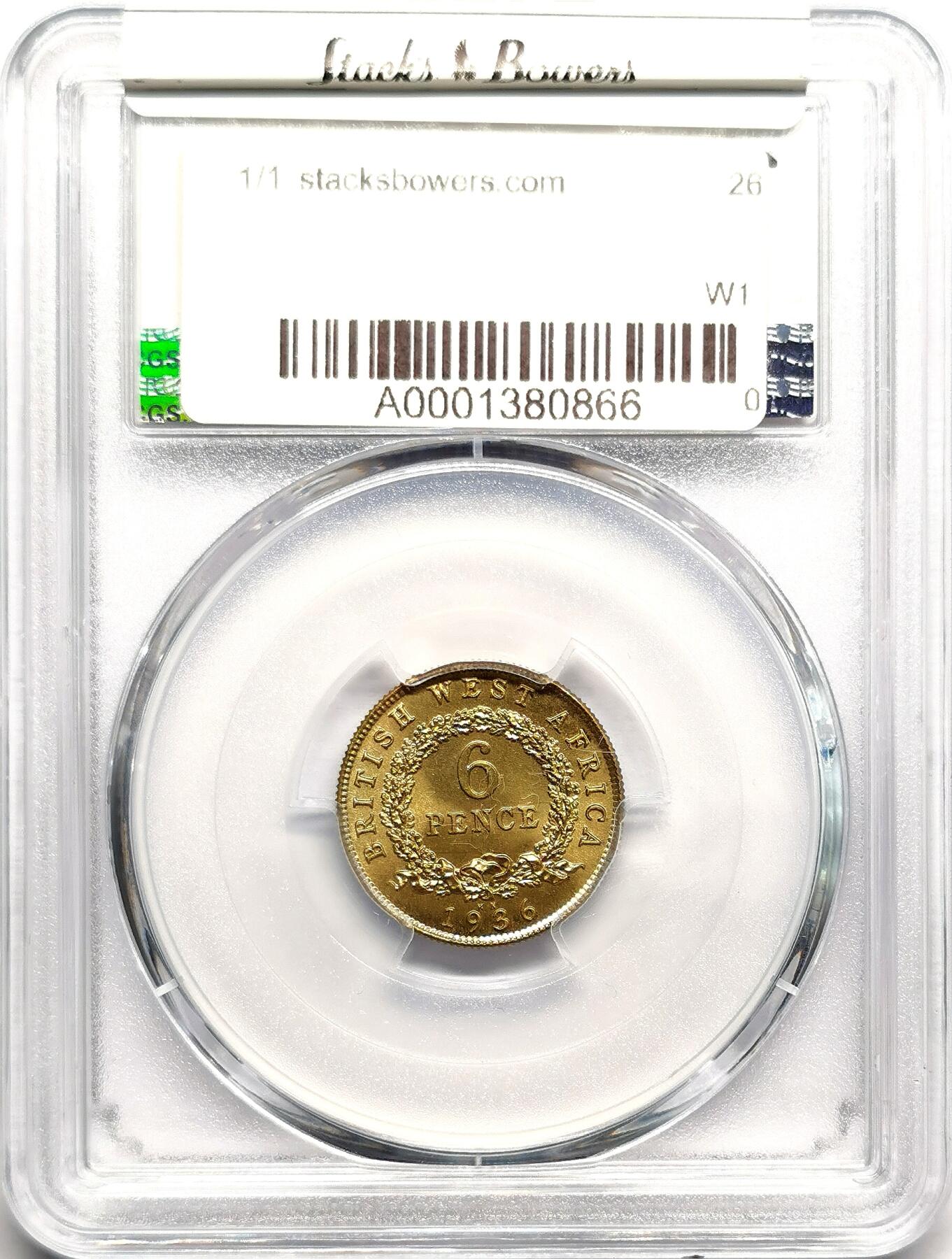 凡希社世界钱币微拍第二百七十五期 1936英属西非乔五黄铜6便士PCGS-SP68，Kings'Norton 造币厂官方旧藏！