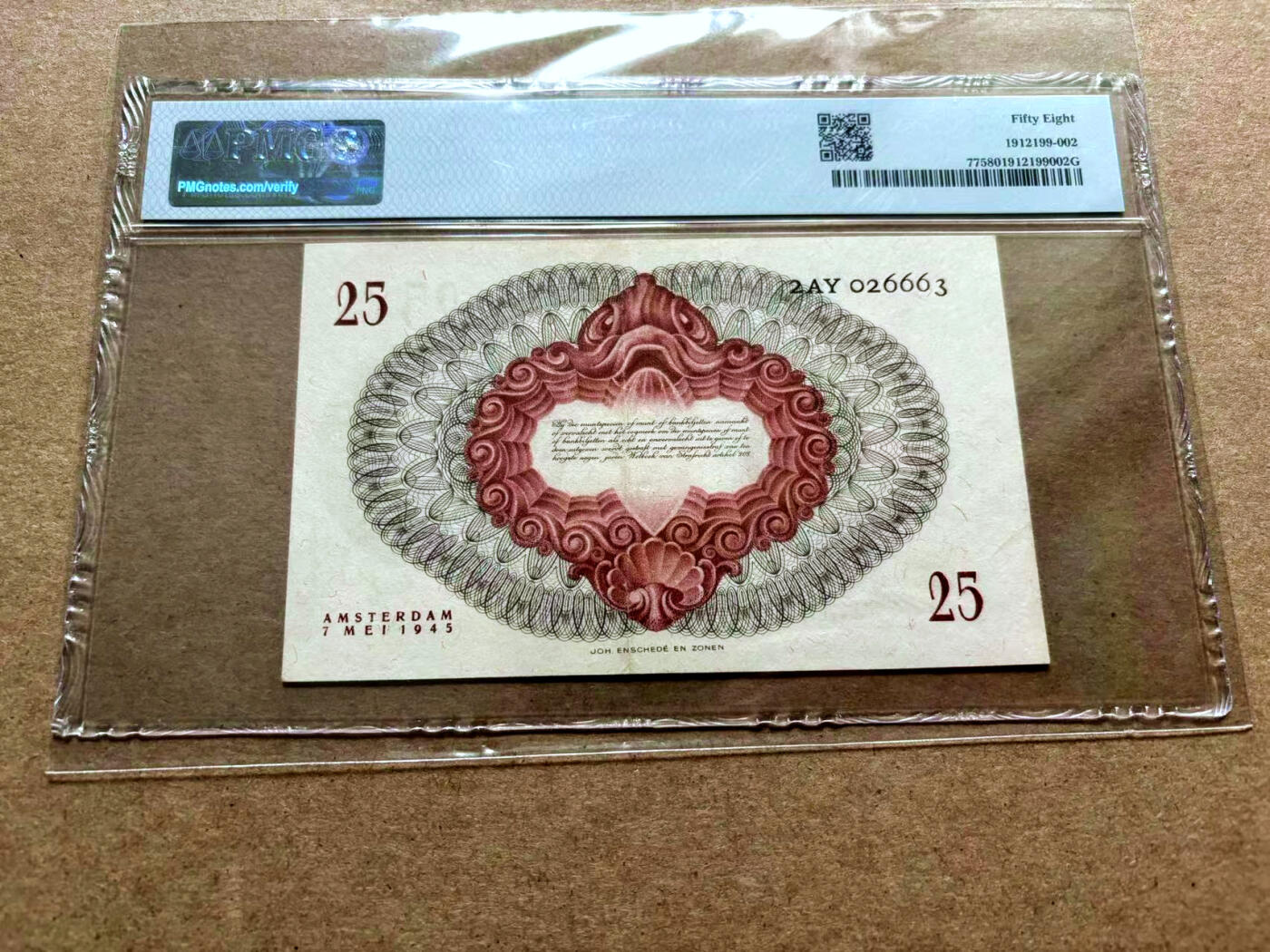 【Blue Auction】✨世界纸币精拍第500期盛典——白金之夜🔥🔥🔥 N-【无47】荷兰 1945年25盾 经典小女孩 设计简洁耐看 PMG58 之前一直是冠军分 新近有65分出现打破了这一纪录 