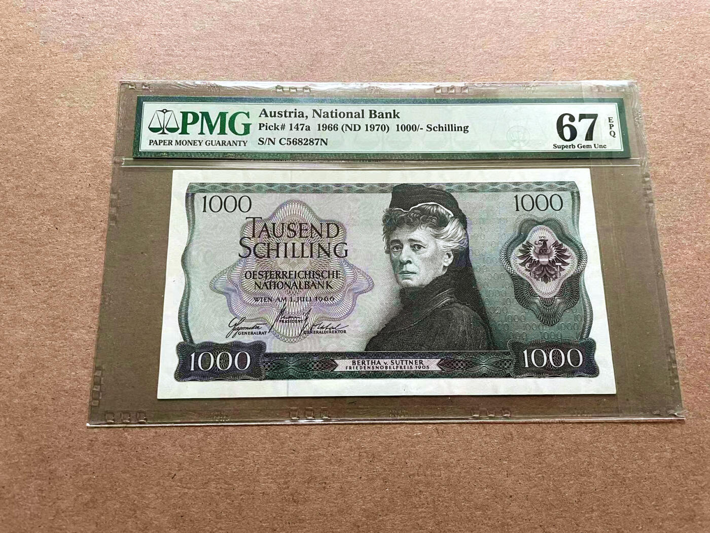 【Blue Auction】✨世界纸币精拍第500期盛典——白金之夜🔥🔥🔥 A-奥地利 1966年1000先令 女诗人苏特纳 双面雕刻精美 PMG67EPQ 高分