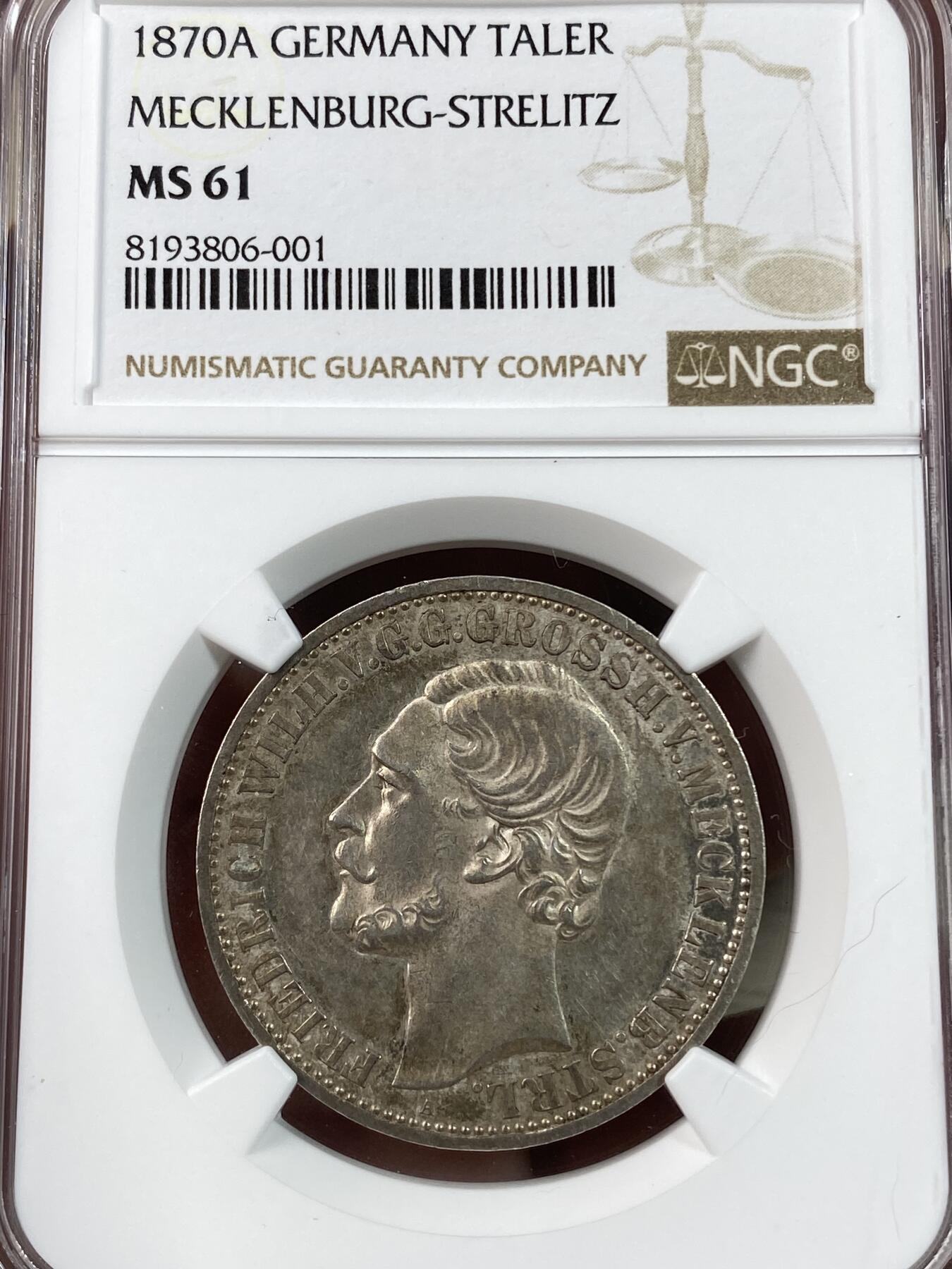 万国钱币拍卖第028期（花前月下●同享良章美币） NGC MS61 1870年德国梅克伦堡-施特雷利茨流通1泰勒 小邦中的小难题之一 原味高点表现不俗