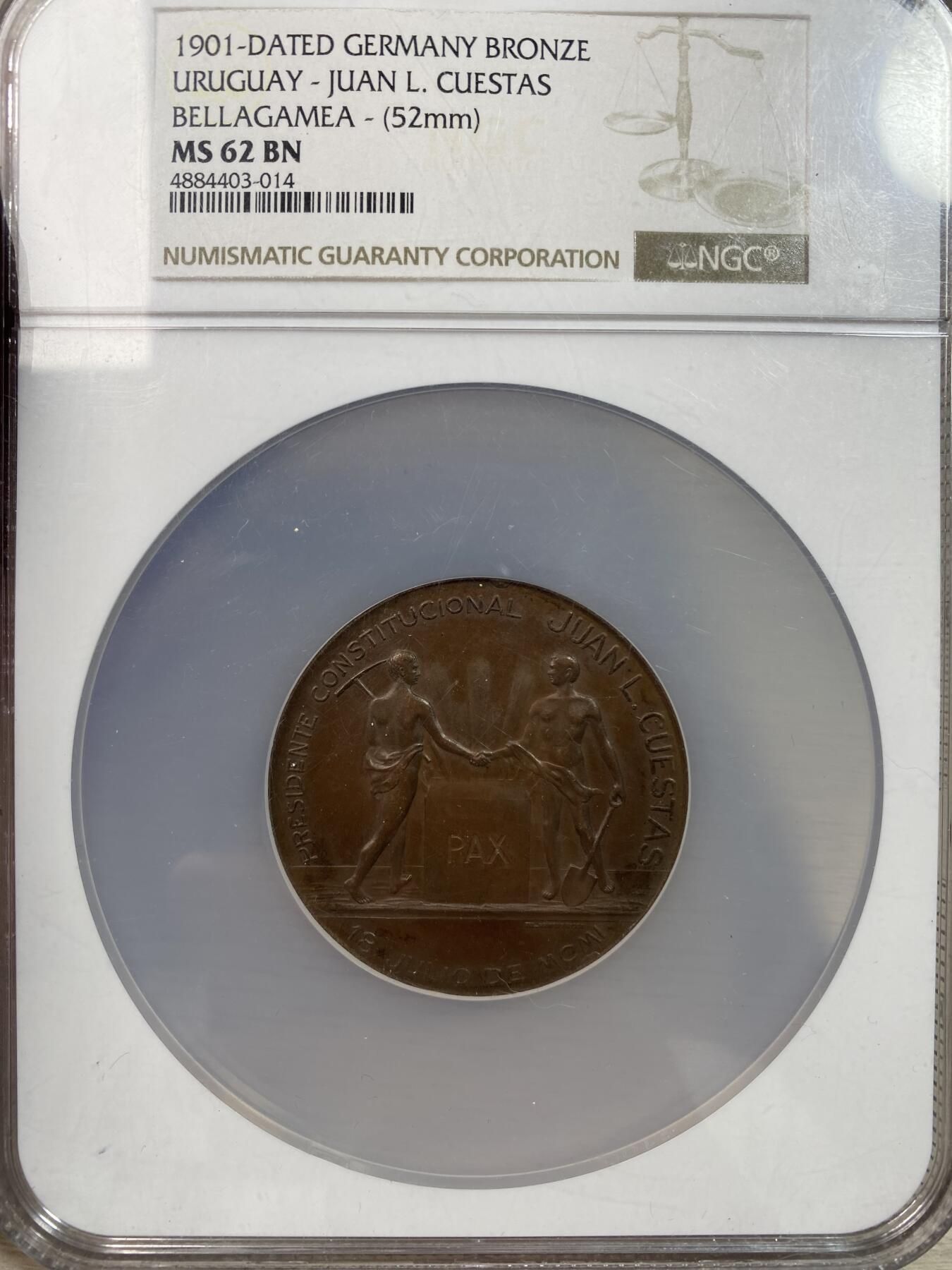 万国钱币拍卖第028期（花前月下●同享良章美币） NGC MS62 1901年德国远航乌拉圭蒙特维的亚港口纪念大铜章  52MM