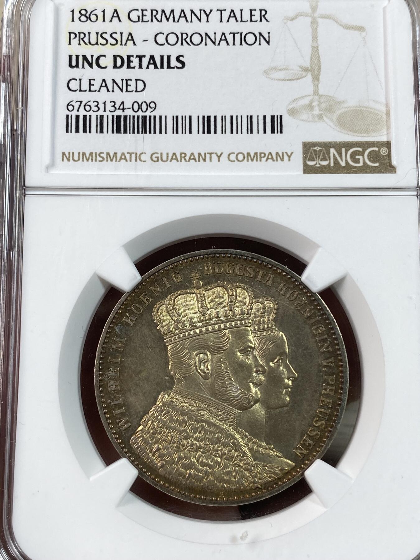 万国钱币拍卖第028期（花前月下●同享良章美币） NGC UNCD 1861年德国普鲁士威廉一世加冕纪念1泰勒 流通之王 经典的毛衣泰勒 金彩裹身