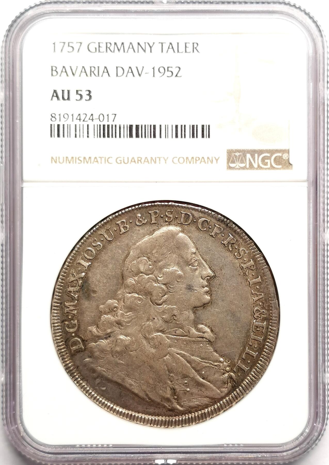 凡希社世界钱币微拍第二百七十五期 1757德国巴伐利亚圣母子泰勒大银NGC-AU53