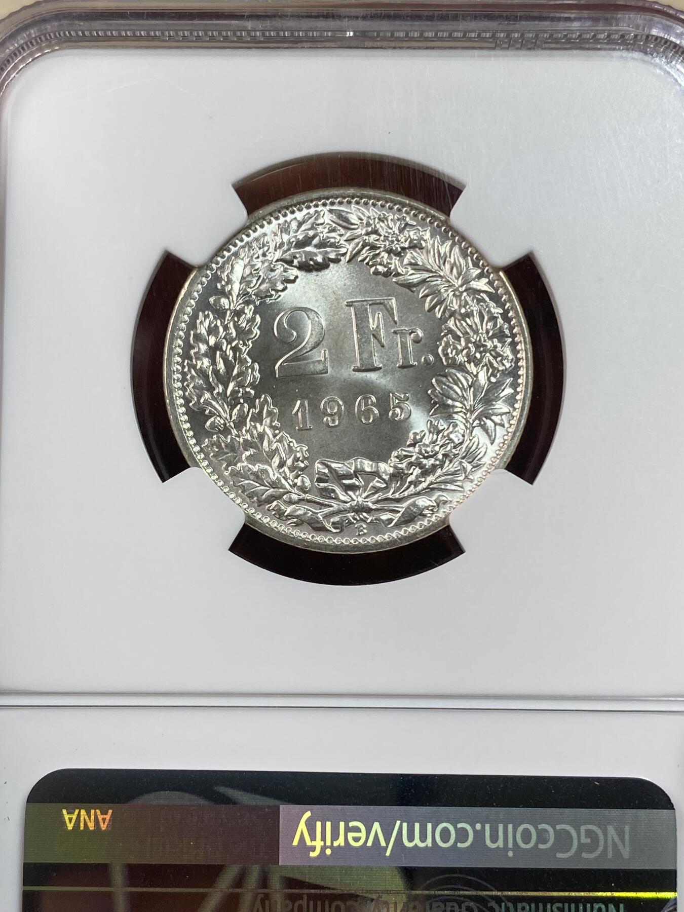 万国钱币拍卖第028期（花前月下●同享良章美币） NGC MS65 1965年瑞士站立女神2法郎银币 原卷光感