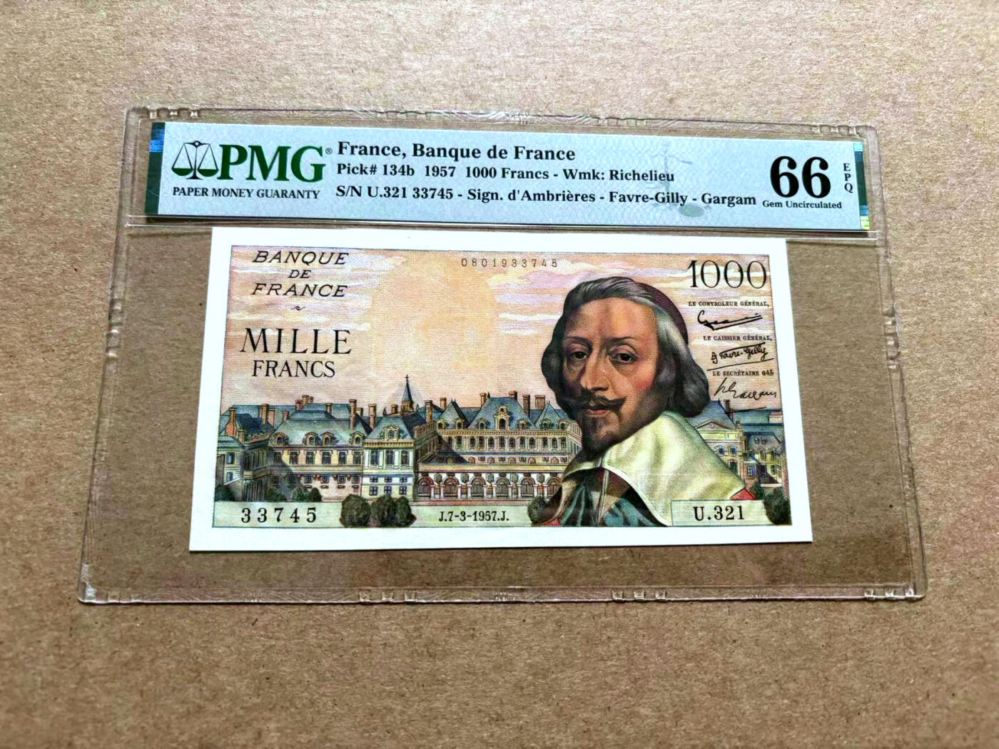 【Blue Auction】✨世界纸币精拍第500期盛典——白金之夜🔥🔥🔥 F-【b版冠军分仅2张少见 改值前版本】法国 1957年1000法郎 红衣主教黎塞留 PMG66EPQ 