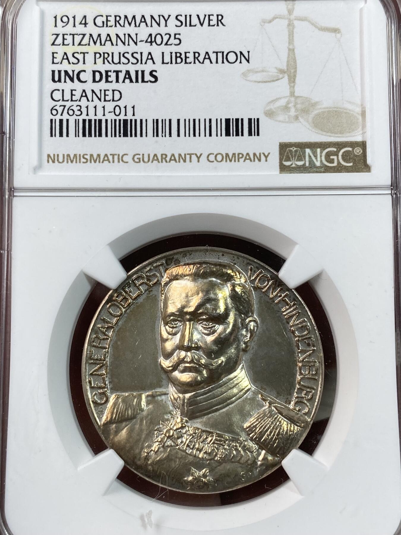 万国钱币拍卖第028期（花前月下●同享良章美币） NGC UNCD 1914年德国军神兴登堡东线大捷纪念银章 金彩加持 高点状态很棒