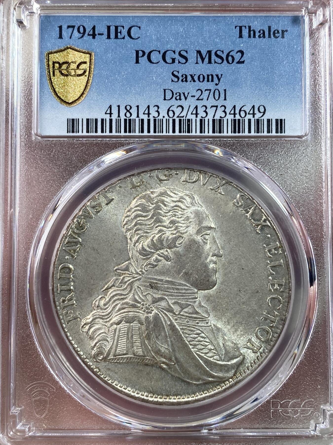 万国钱币拍卖第028期（花前月下●同享良章美币） PCGS MS62 1794年德国萨克森皇冠大泰勒 所谓的“半机制”币工艺巅峰之作 常见都有不少减重痕 此枚状态极佳 收藏良品