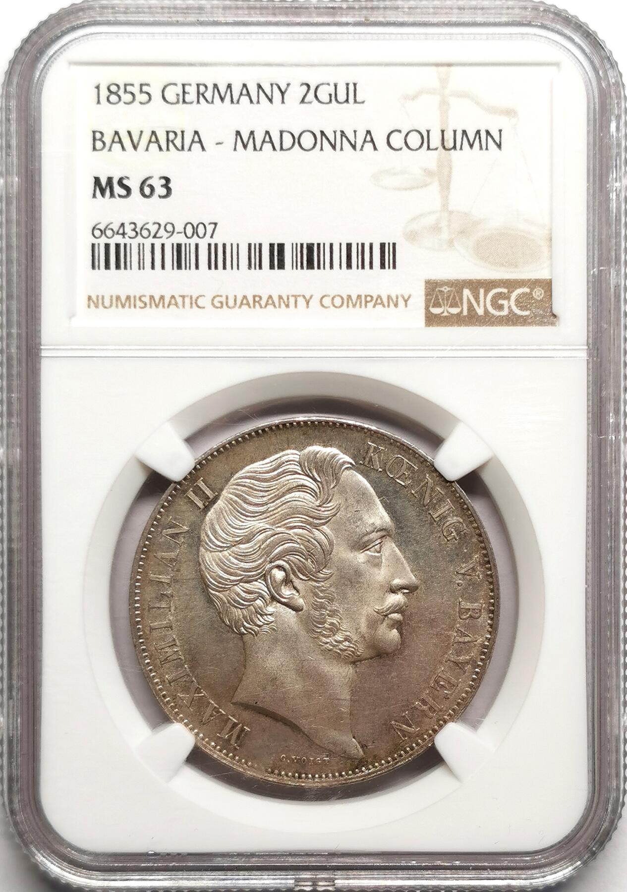 凡希社世界钱币微拍第二百七十五期 1855德国巴伐利亚圣母柱2盾大银NGC-MS63