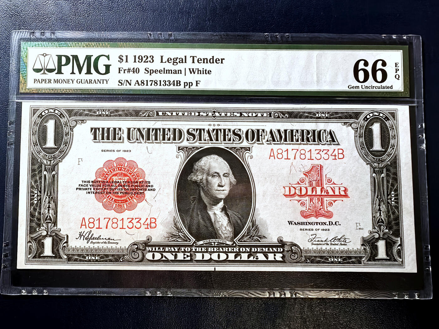 【Blue Auction】✨世界纸币精拍第500期盛典——白金之夜🔥🔥🔥 U-【该纸币仅有AB首发冠】美国 早期 1923年红库印1美金 大票幅 PMG66EPQ 高分少见 有别于天量的蓝库印