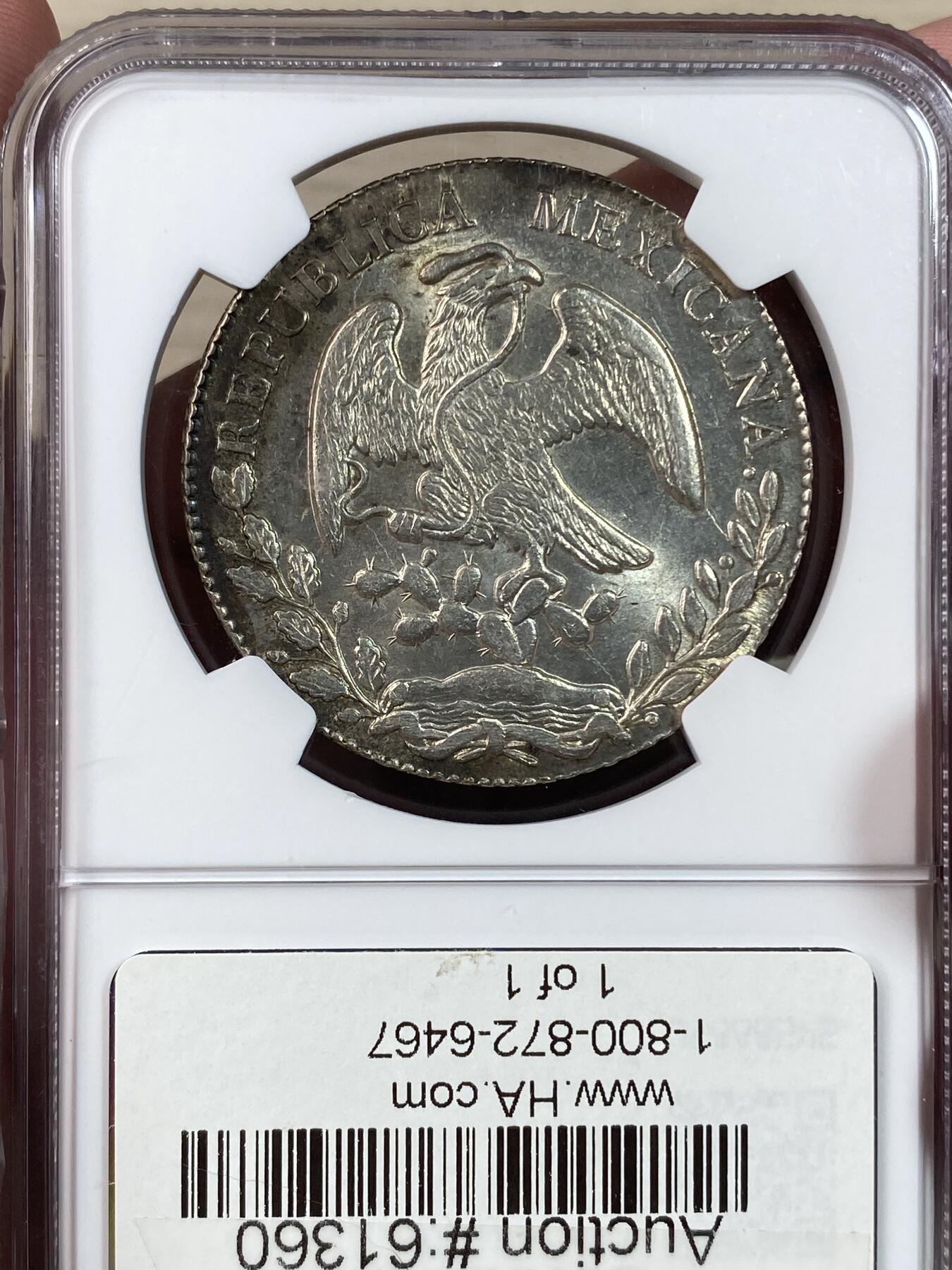 万国钱币拍卖第028期（花前月下●同享良章美币） NGC MS62 1869年墨西哥MO厂8R鹰洋 中期十字转光