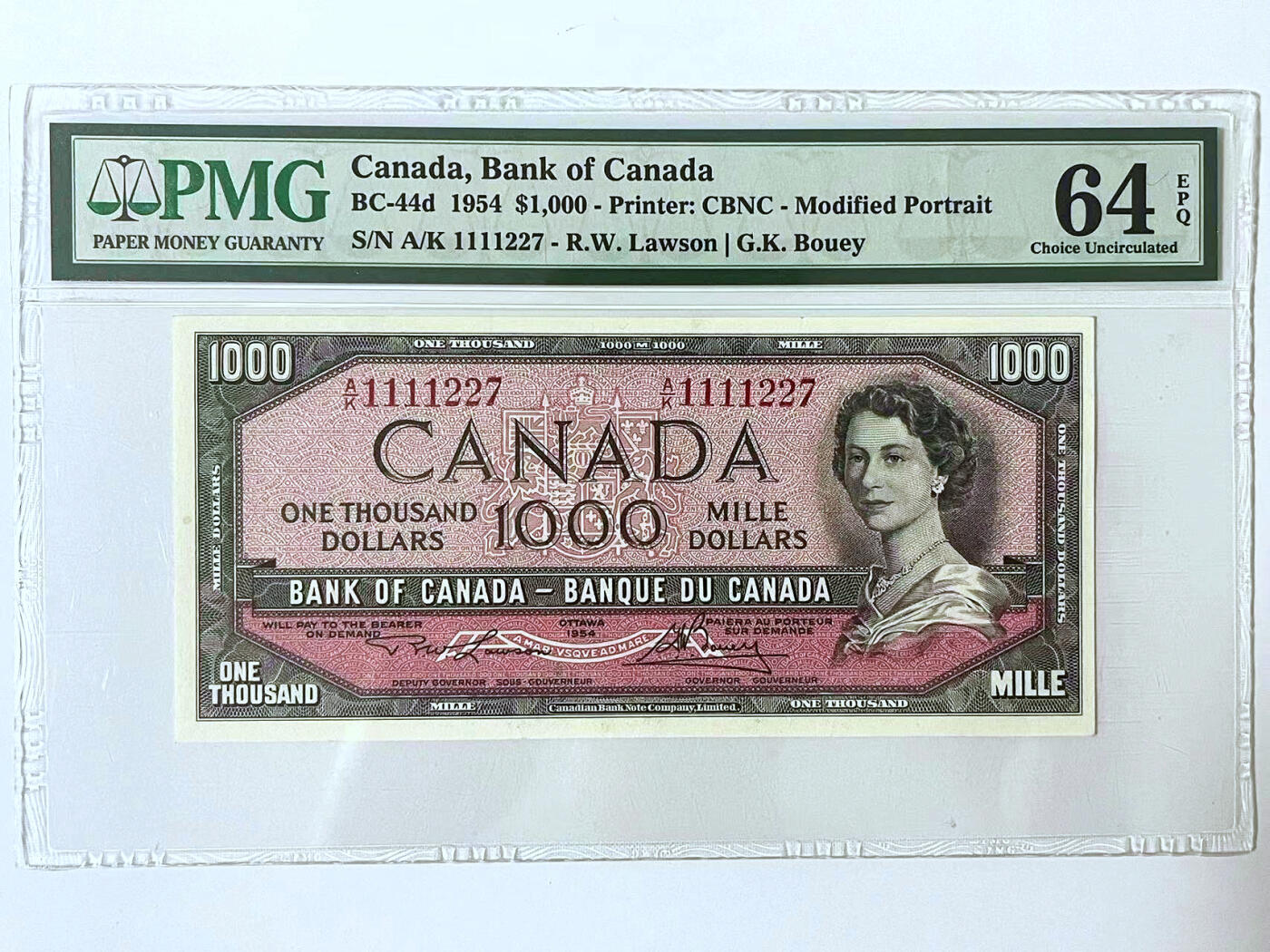 【Blue Auction】✨世界纸币精拍第500期盛典——白金之夜🔥🔥🔥 C- 加拿大 1954年1000元 最高值 早期女王 升值潜力巨大 背面风景唯美 PMG64EPQ 