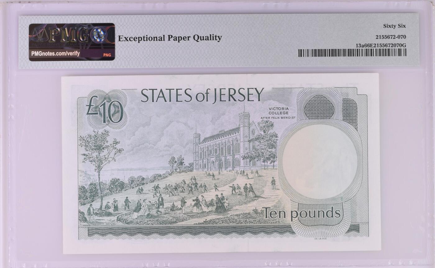 【Blue Auction】✨世界纸币精拍第500期盛典——白金之夜🔥🔥🔥 J-【无47】泽西 1976-88年10镑 高冠女王 背面大场景 设计精美 PMG66EPQ 