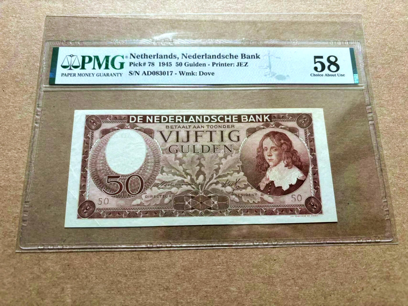 【Blue Auction】✨世界纸币精拍第500期盛典——白金之夜🔥🔥🔥 N-荷兰 1945年50盾 小王子威廉二世  PMG58 好品非常少见
