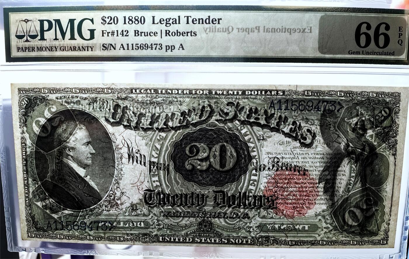 【Blue Auction】✨世界纸币精拍第500期盛典——白金之夜🔥🔥🔥   U-美国 1880年20美金 PMG66EPQ 高分少见 左侧为美国著名政治家汉密尔顿 在1861年至1865年的南北战争时期担任邦联“总统”右侧手持长矛和盾牌的战争女神雕刻的惟妙惟肖 