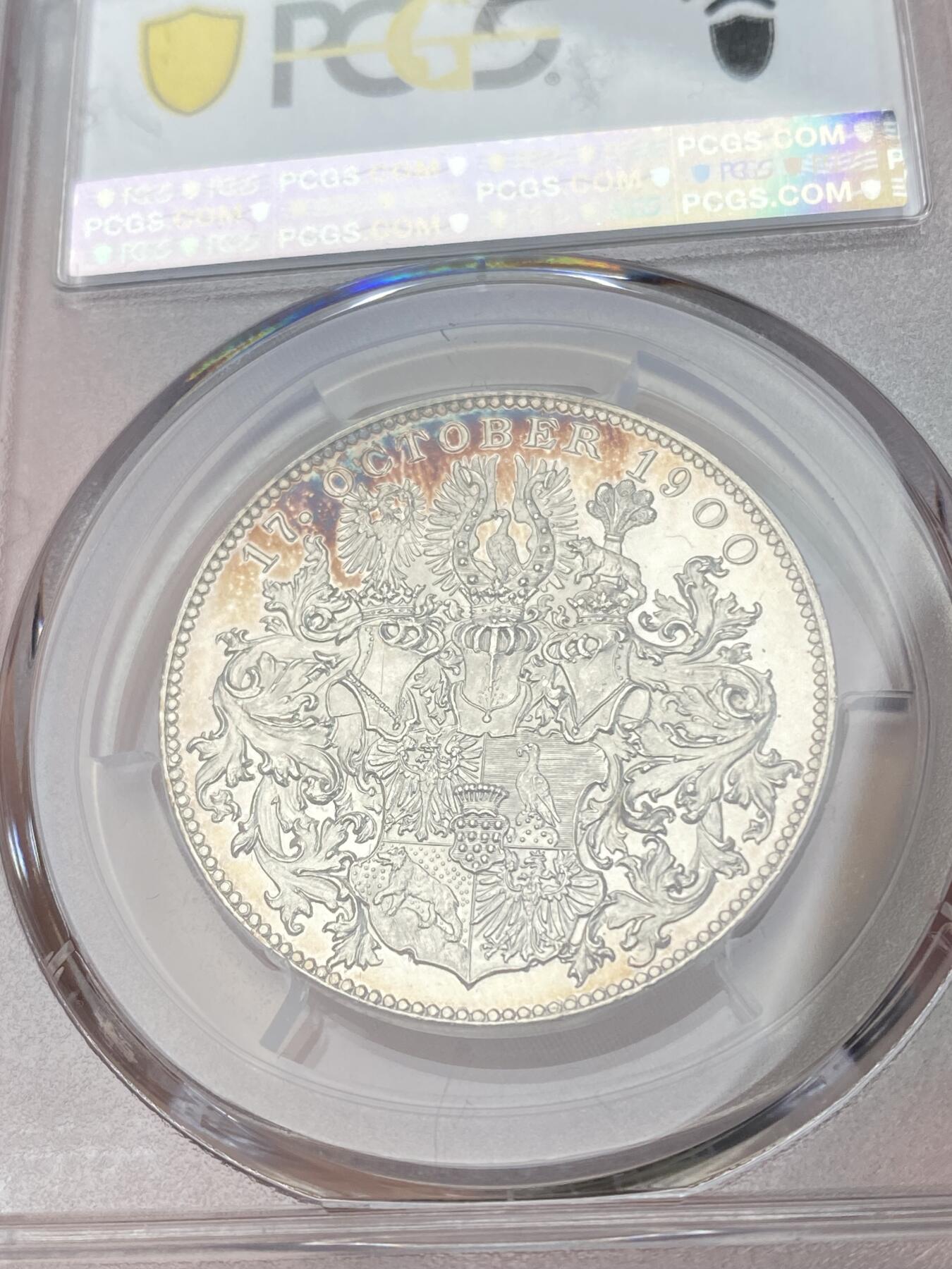 万国钱币拍卖第028期（花前月下●同享良章美币） PCGS SP63 唯一记录1900年德意志帝国总理伯恩哈德·冯·比洛精制纪念银章  罕见的帝国总理系列银章之一，反面族徽精湛，好看！！