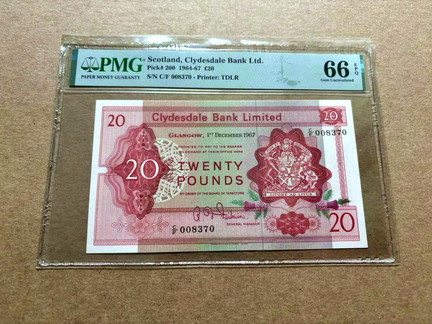【Blue Auction】✨世界纸币精拍第500期盛典——白金之夜🔥🔥🔥 S-苏格兰 1967年20镑 背面格拉斯哥乔治广场雕刻非常细腻 精美 PMG66EPQ 高分 