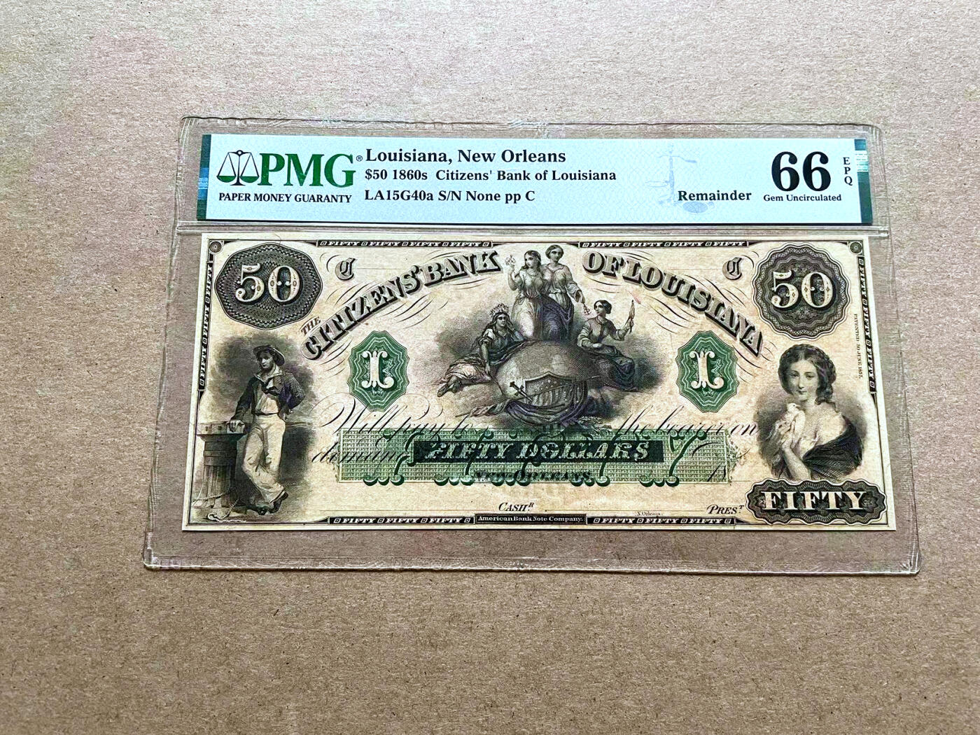 【Blue Auction】✨世界纸币精拍第500期盛典——白金之夜🔥🔥🔥 U-美国 路易斯安那州 新奥尔良 1860年50美金 PMG66EPQ 元素丰富 双面设计精美 