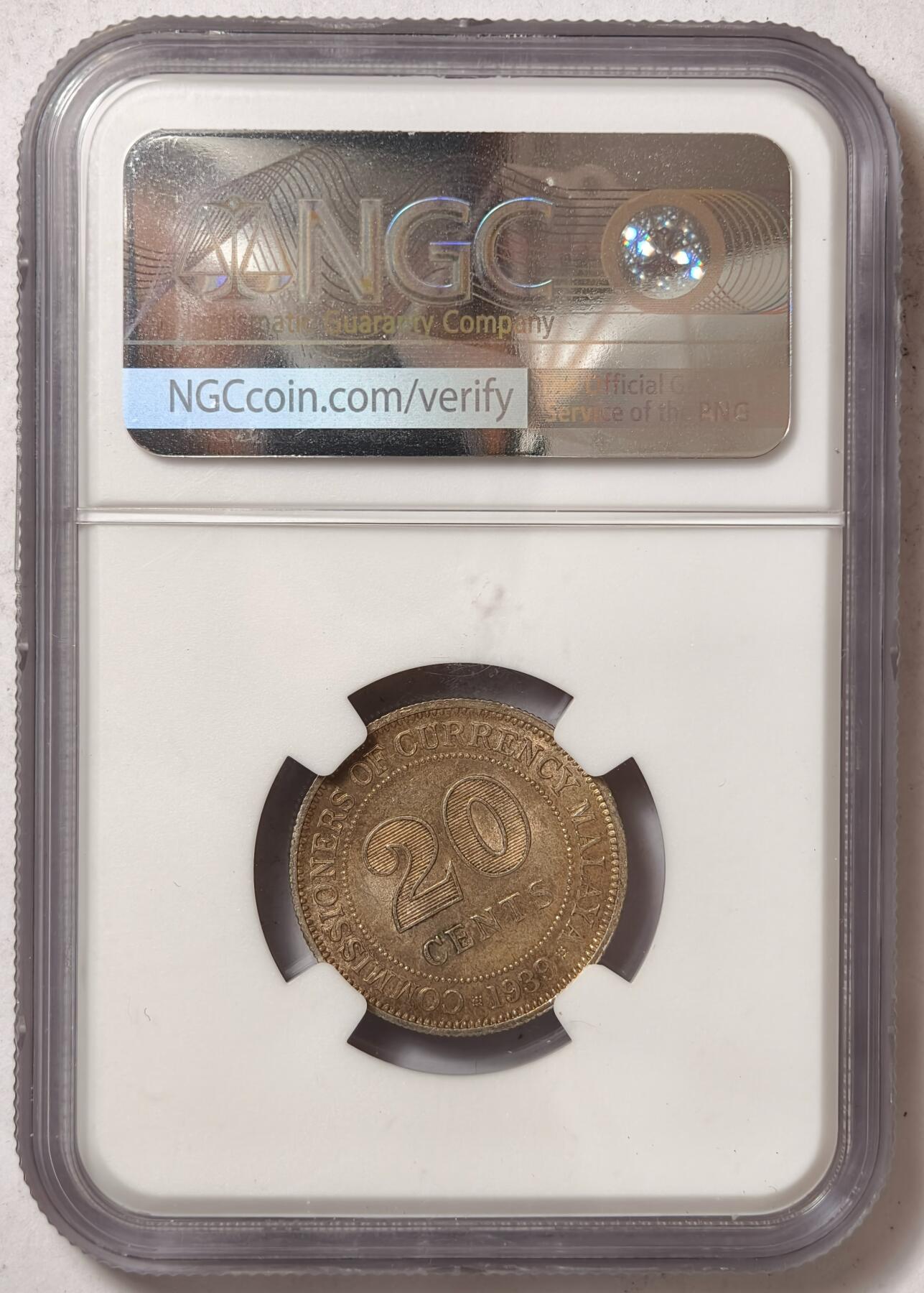 紫瑗钱币——第374期拍卖 马来亚 1939年 乔治六世 20分 银币 NGC MS61