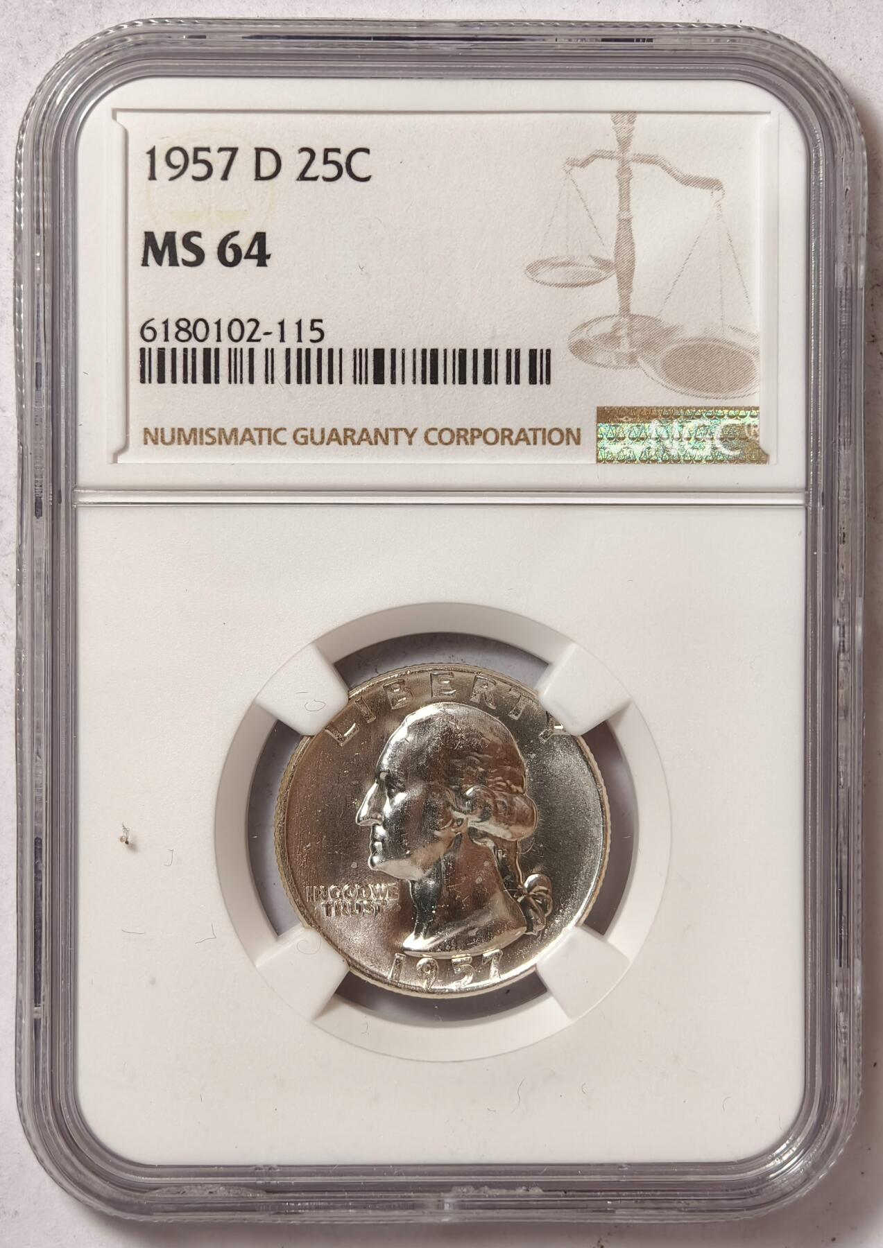 紫瑗钱币——第428期 美国 1957年 D版 华盛顿 25美分 银币 NGC MS64