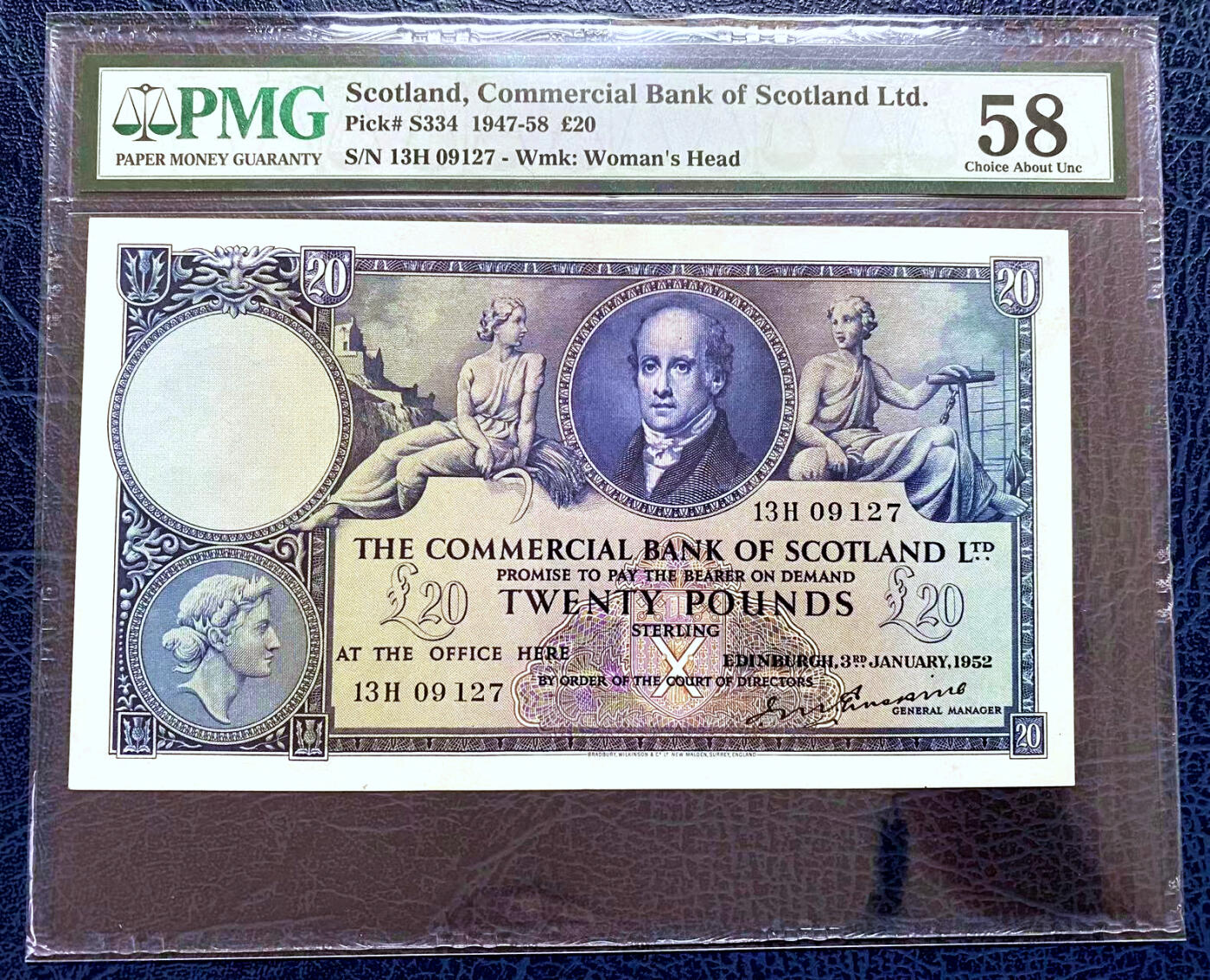 【Blue Auction】✨世界纸币精拍第500期盛典——白金之夜🔥🔥🔥  S-【仅1张更高分 且无全新品相记录】苏格兰商业银行1952年20镑 PMG58 状态佳 背面大场景非常耐看 元素众多 BWC雕刻精美 发行量极少  