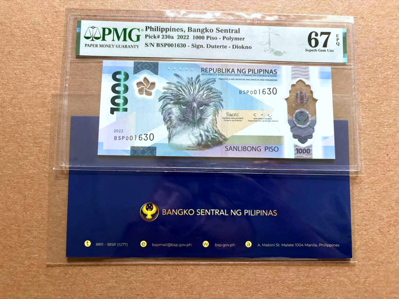 【Blue Auction】✨世界纸币精拍第500期盛典——白金之夜🔥🔥🔥 P-【BSP冠带员工册无47千位小号 获奖钞】菲律宾 2022年1000比索 PMG67EPQ 高分 