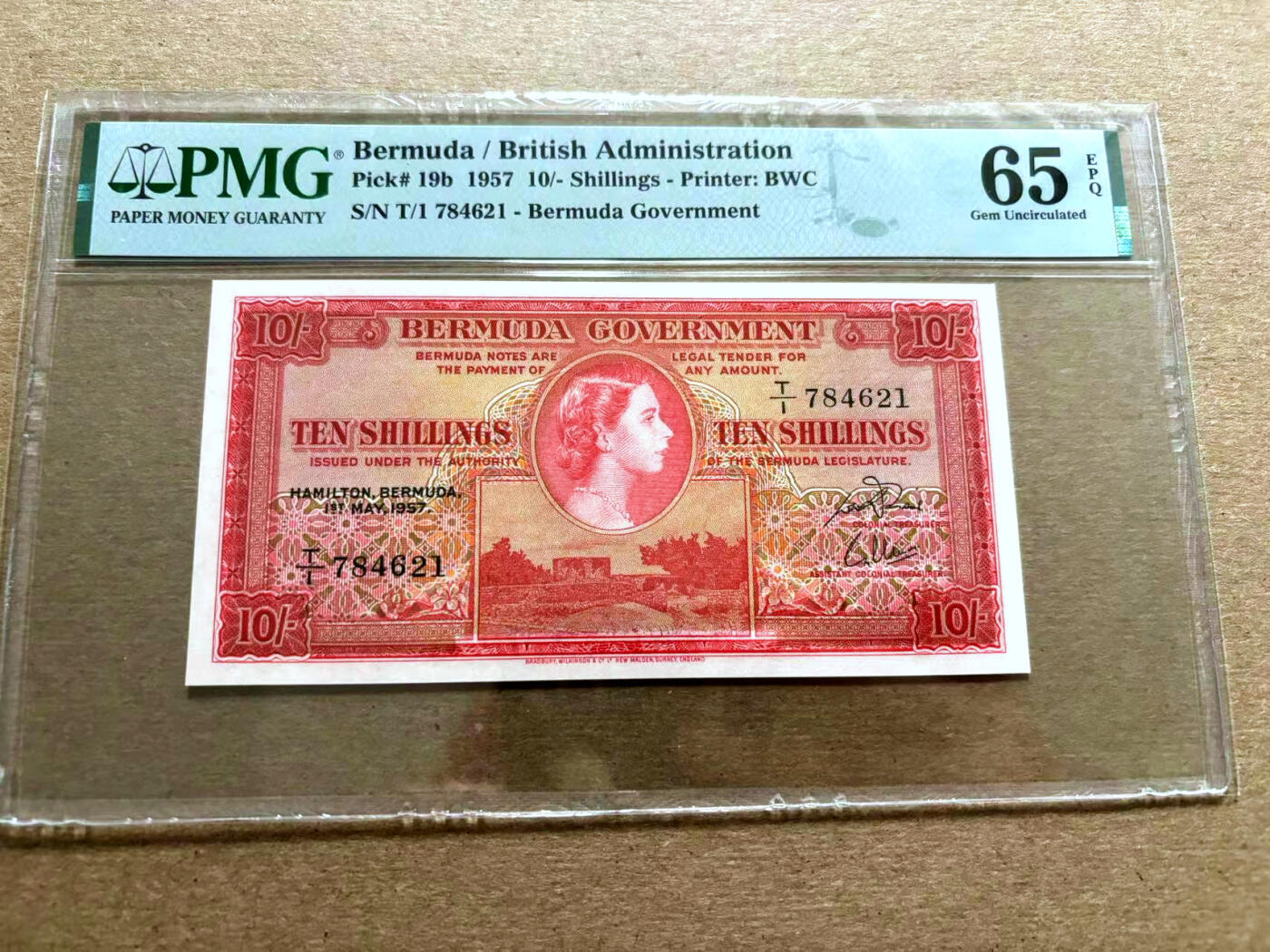 【Blue Auction】✨世界纸币精拍第500期盛典——白金之夜🔥🔥🔥 B-百慕大 1957年10先令 女王侧面像 PMG65EPQ 绝品 