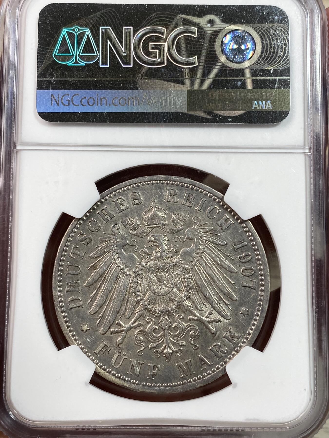 万国钱币拍卖第028期（花前月下●同享良章美币） NGC AUD 1907年德国威廉二世长翅流通5马克 