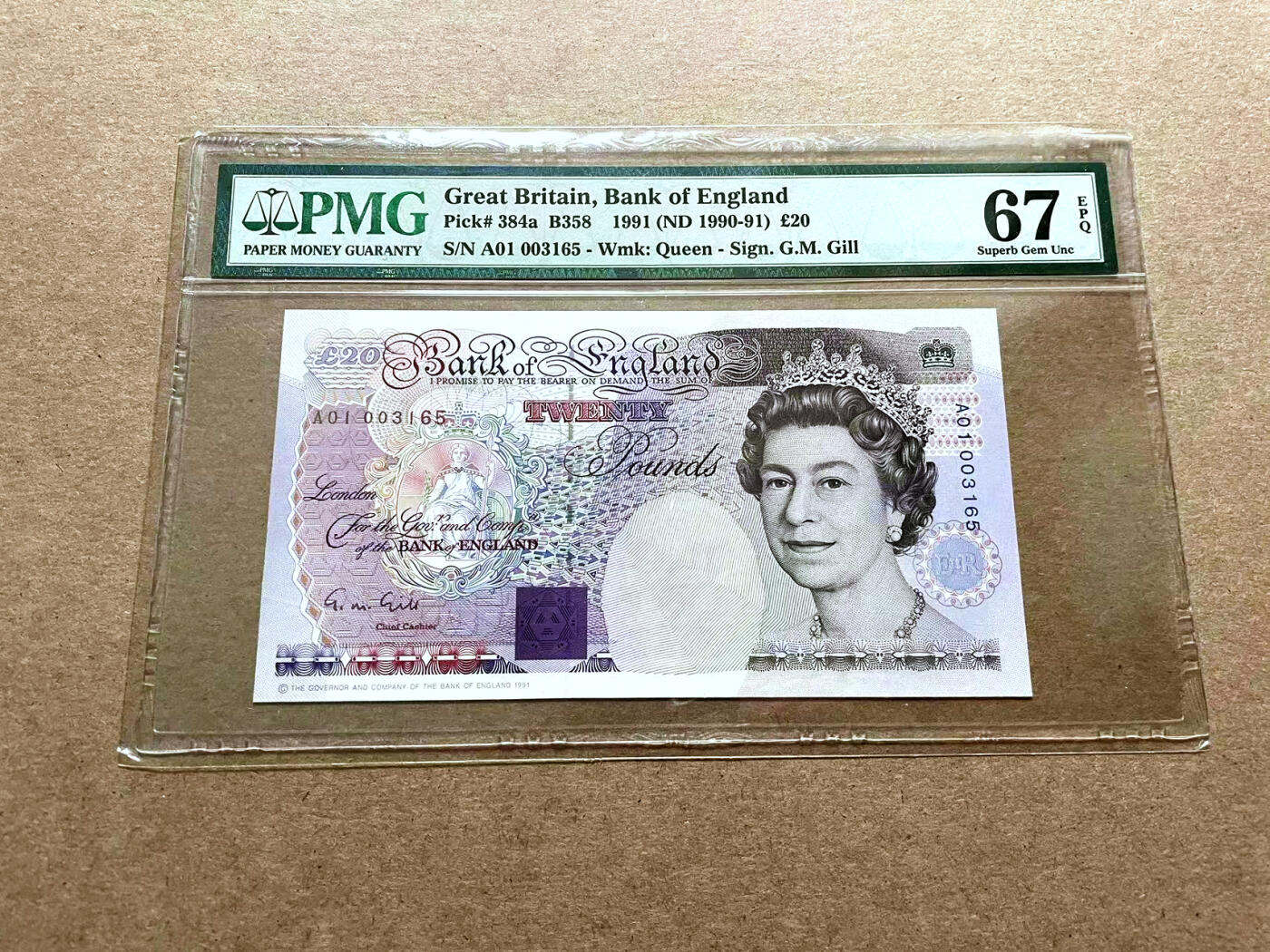 【Blue Auction】✨世界纸币精拍第500期盛典——白金之夜🔥🔥🔥 G-【A01 千位小号无47】英国 E序列初版 1991年20镑 PMG67EPQ 高分