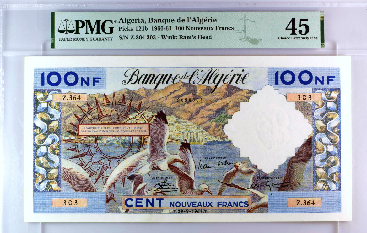 【Blue Auction】✨世界纸币精拍第500期盛典——白金之夜🔥🔥🔥 A-阿尔及利亚 1960-61年100新法郎 超大票幅 设计非常精美 港口 羊群 大船同系列改值版 PMG45