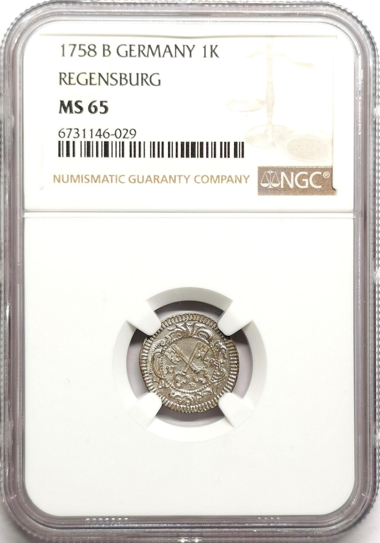 凡希社世界钱币微拍第二百七十五期 1758神罗雷根斯堡自由市1K低银辅币NGC-MS65，高分！仅铸造14000枚。