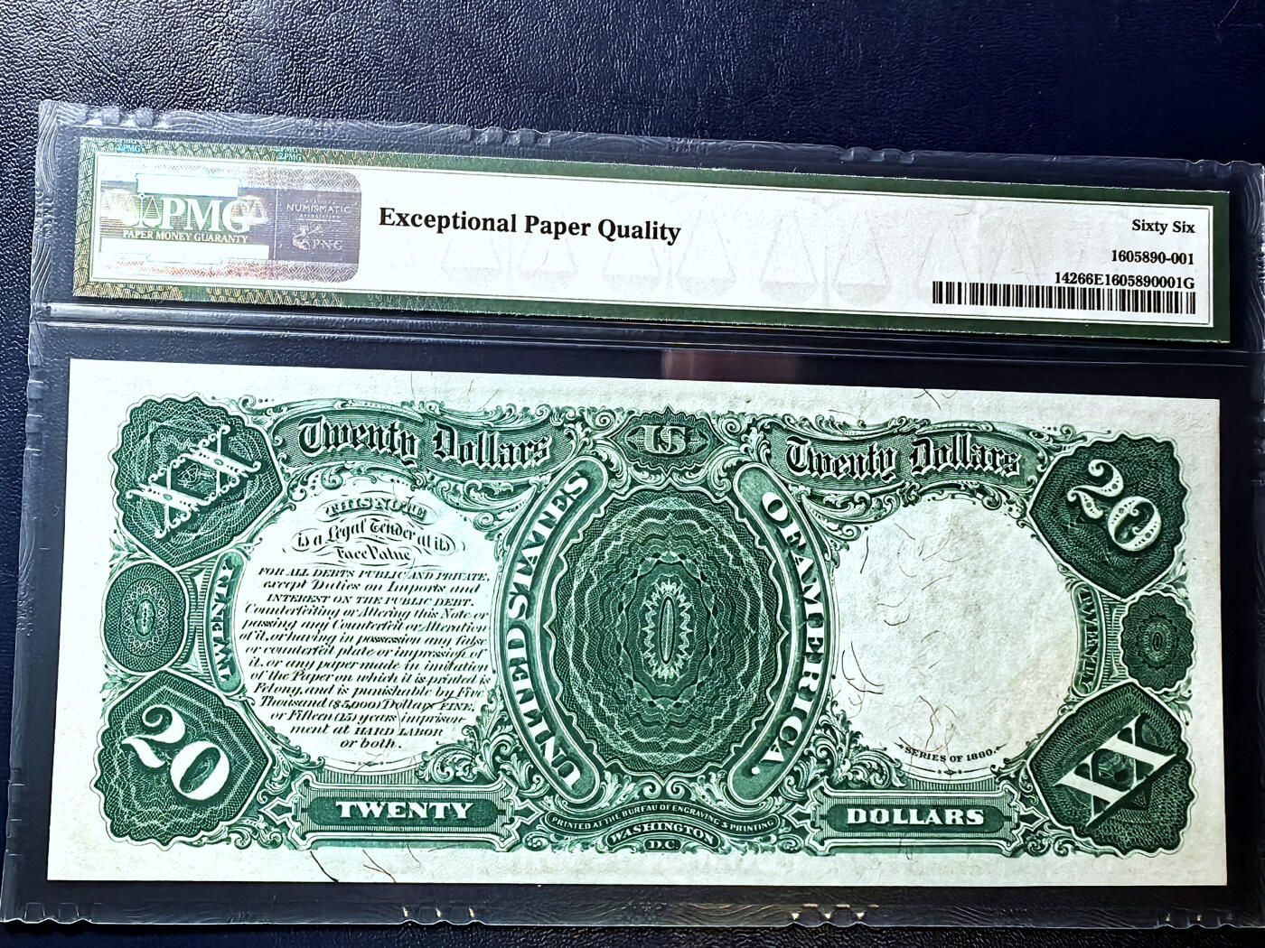 【Blue Auction】✨世界纸币精拍第500期盛典——白金之夜🔥🔥🔥   U-美国 1880年20美金 PMG66EPQ 高分少见 左侧为美国著名政治家汉密尔顿 在1861年至1865年的南北战争时期担任邦联“总统”右侧手持长矛和盾牌的战争女神雕刻的惟妙惟肖 